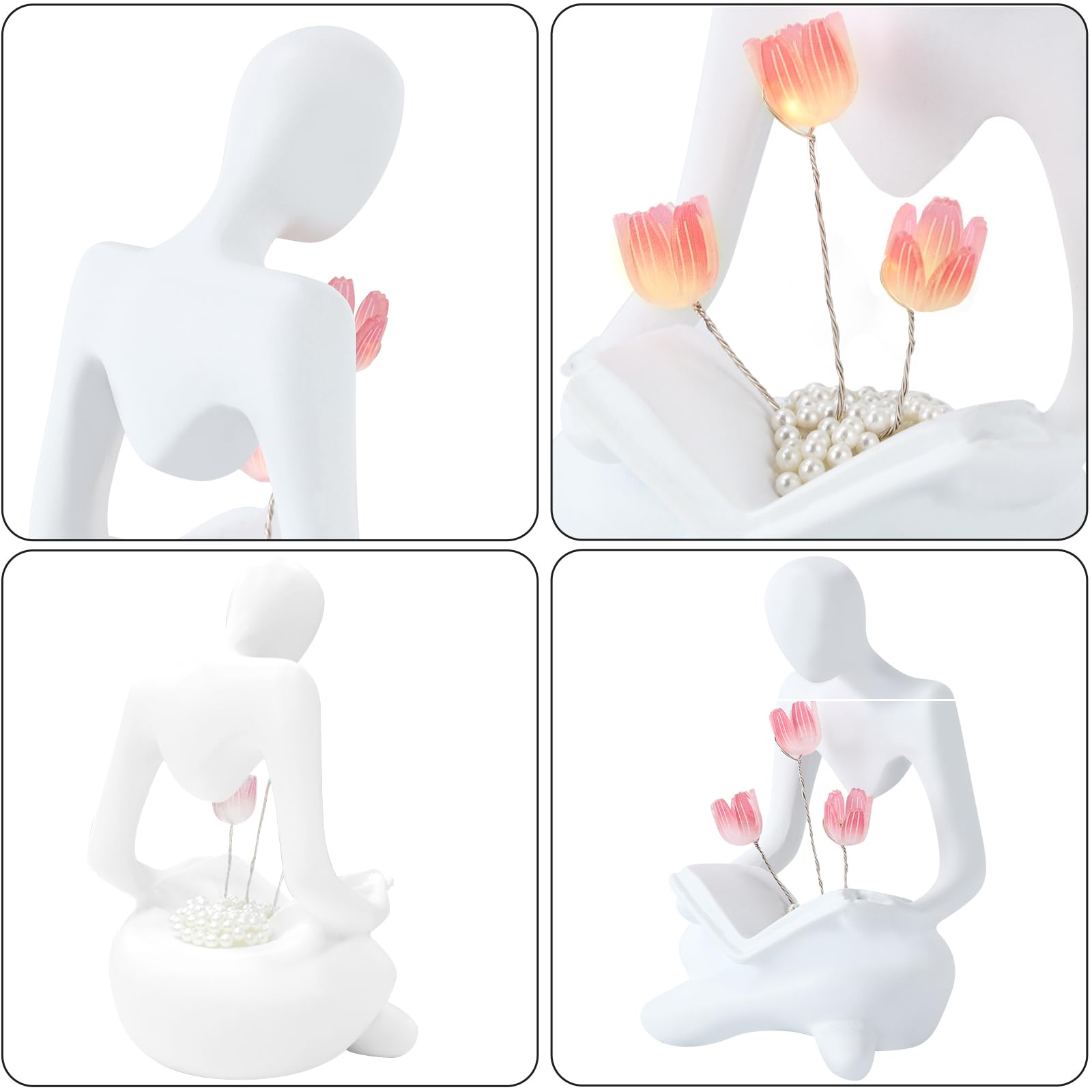 Tulip Night Light Sculpture For Bookshelf Library Decor, Modern Resin Thinker Statues Aesthetic Minimalist Shelf Decor For Women