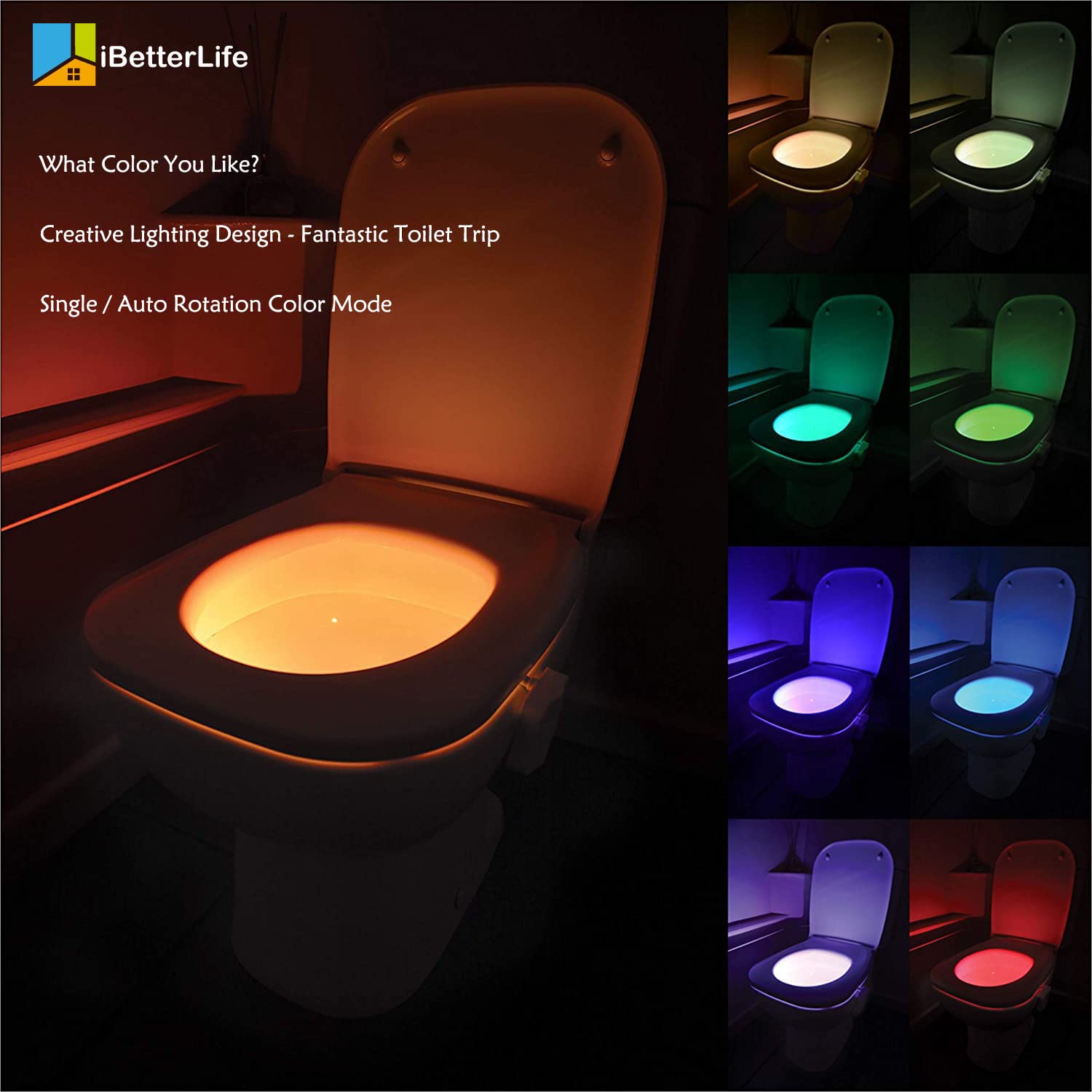 iBetterLife Toilet Light Motion Sensor - 8 Color Changing LED Night Light for Bathroom, 2-Pack, Original Design