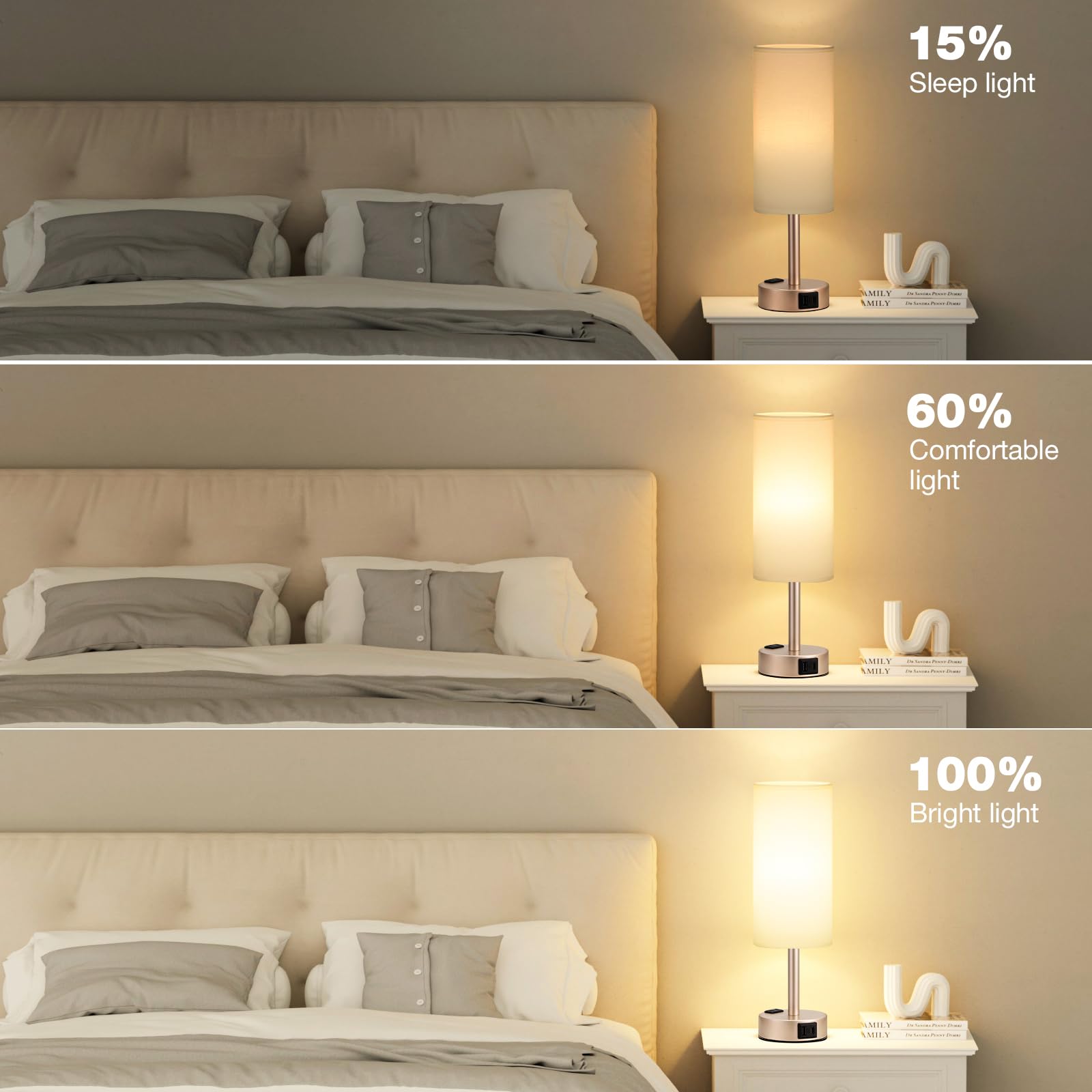 Antique White Bedside Table Lamp For Bedroom - 3 Way Dimmable Touch Lamp Usb C Charging Ports And Ac Outlet, Small Lamp Gold Bas