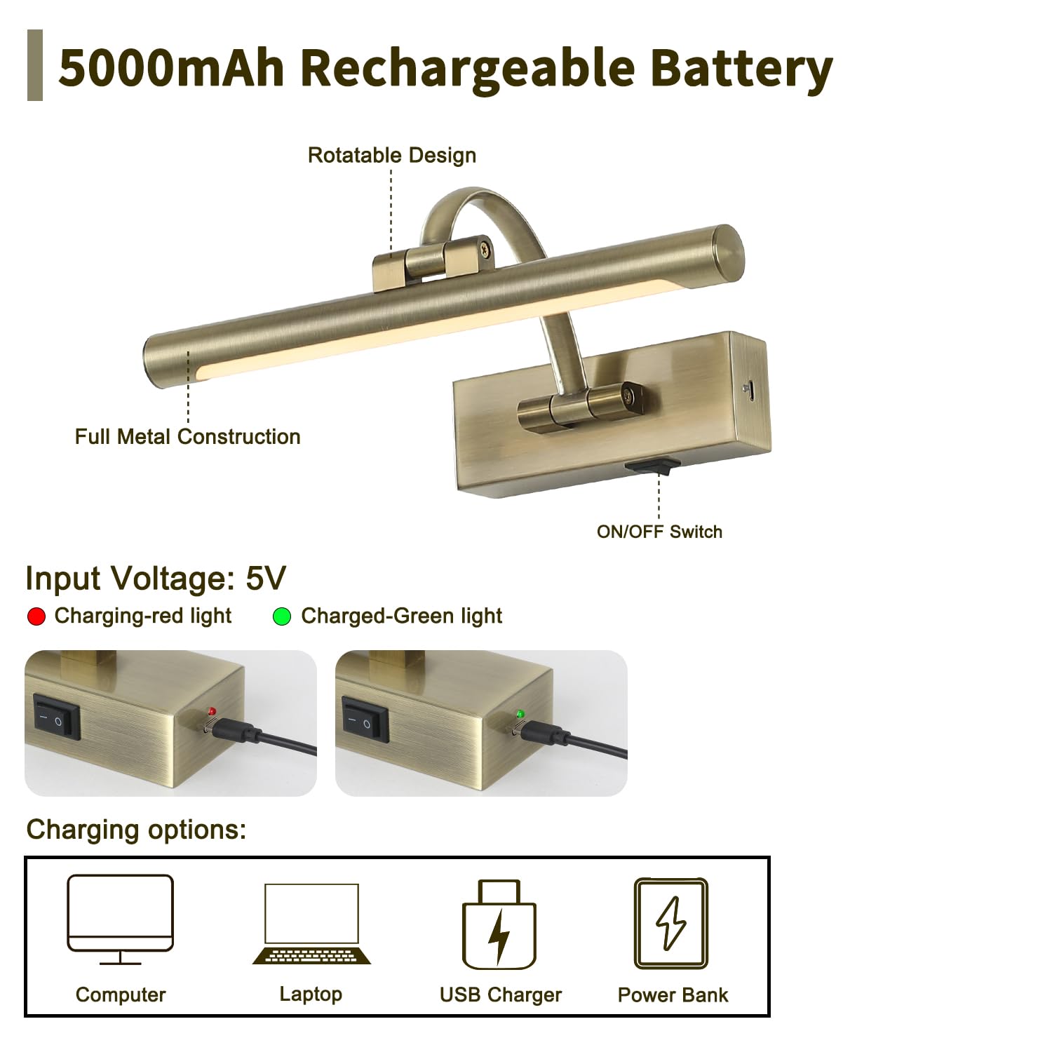 DESOOP Wireless Picture Light 12" Adjustable Art Light, Antique Bronze, Rechargeable with Remote & Timer, Model 7115
