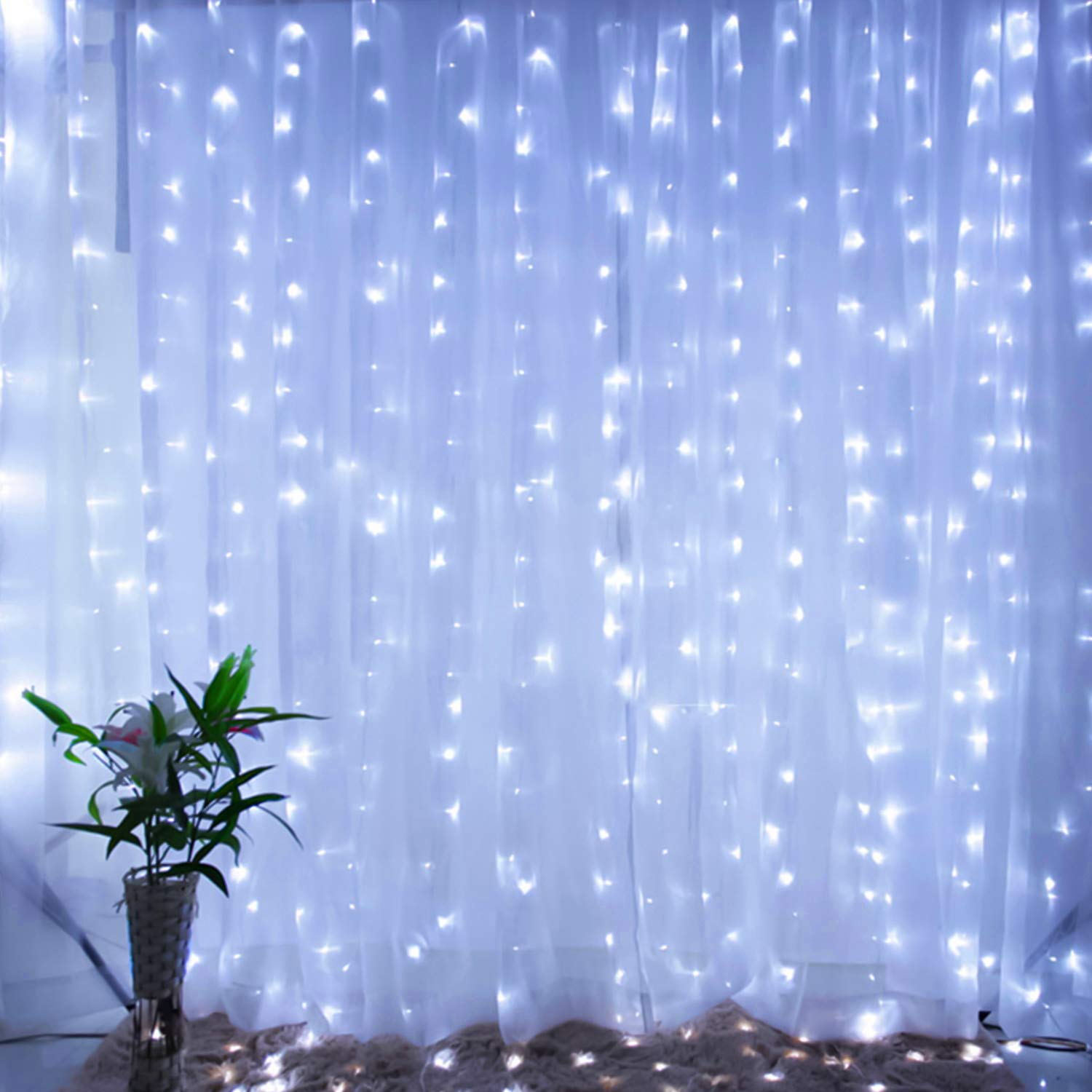 Brightown Curtain Lights 300 LED Dimmable 9.8 Feet Remote 8 Modes Pure White Model GP-SW290DC0209-IP44(US)A