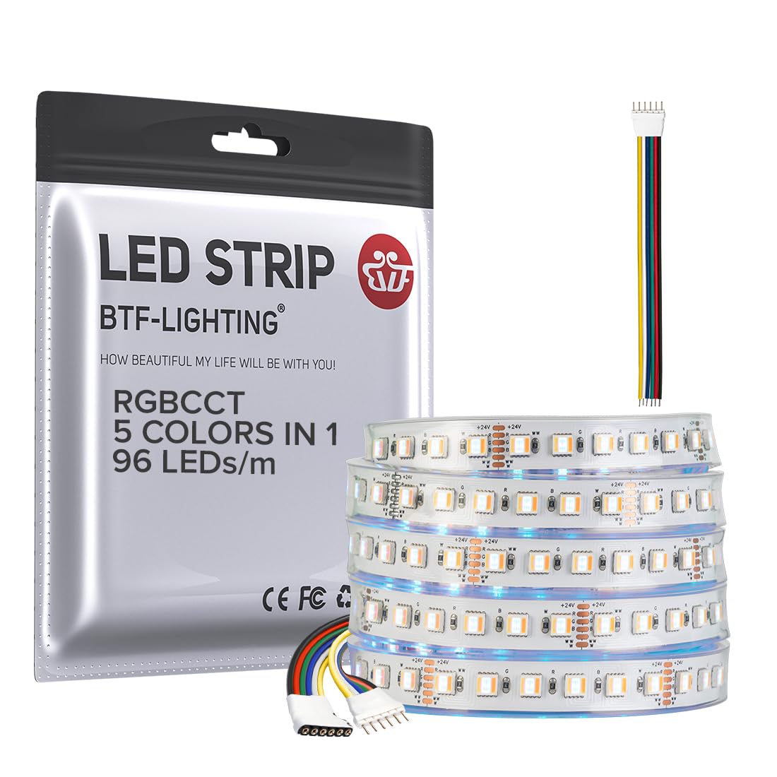 Btf-Lighting Rgbcct 5 Colors In 1 Led Tape Lights 5050Smd Rgbww Rgb+Dimmable Color Temperature 2700K-6500K 16.4Ft 96Led/M 480Led Ip67 Dc24V White Pcb For Home Decoration(No Adapter Or Controller)