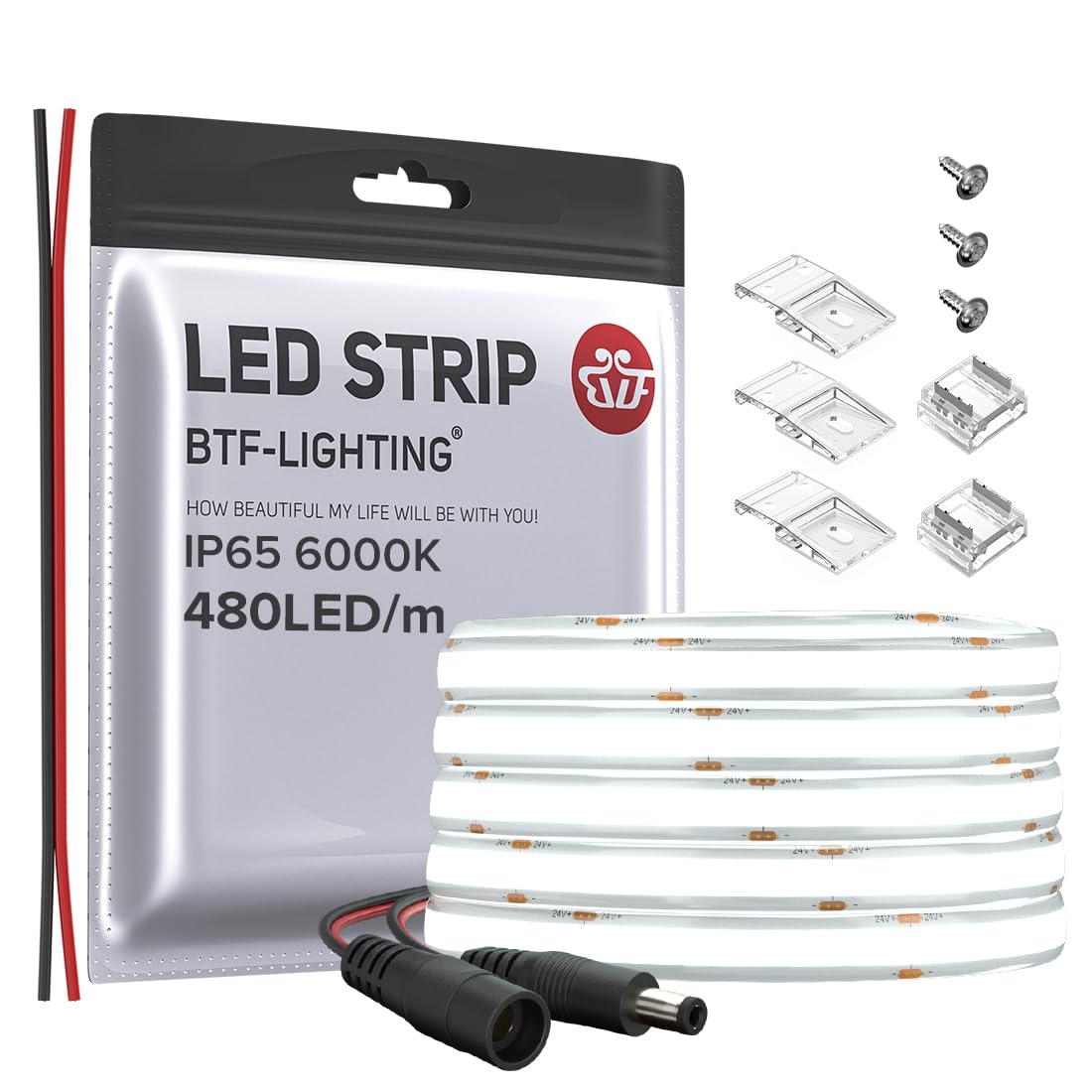BTF-LIGHTING FCOB COB LED Strip IP65 480LED/m Flexible High Density Uniform Light 9W/m 16.4FT DC12V Daylight White 6000K CRI 90+