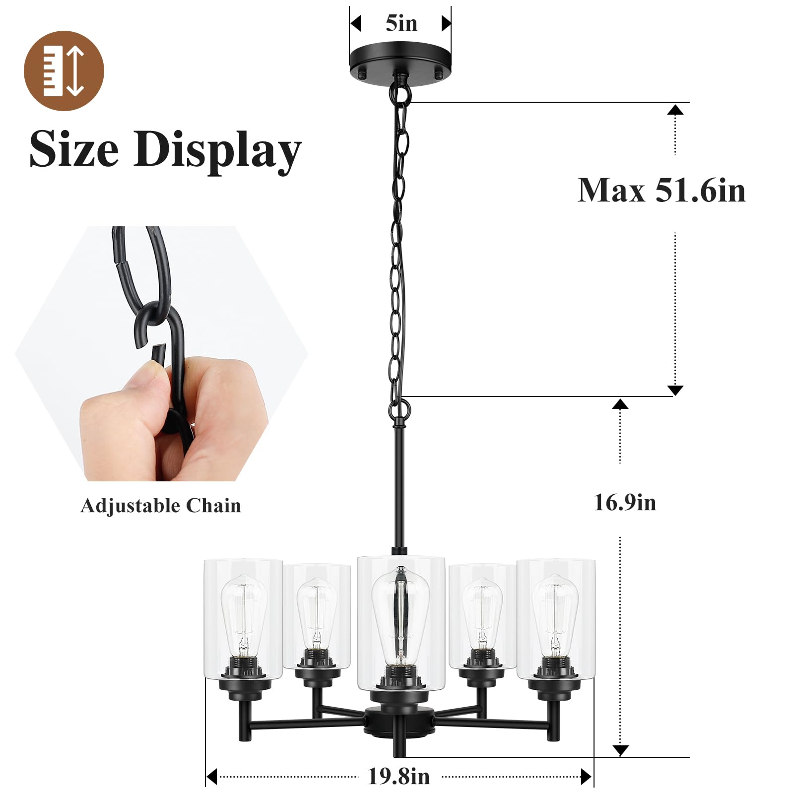 Sucolite 5-Light Black Chandelier, Modern Farmhouse Pendant Lighting With Clear Glass Shades