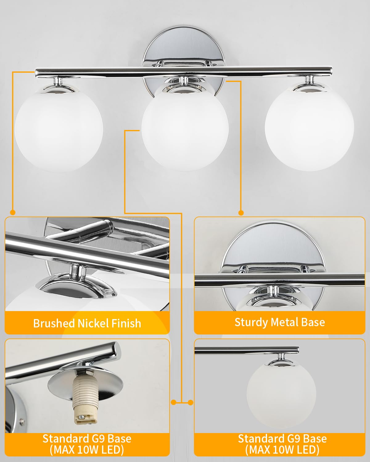 foucasal Chrome Globe Bathroom Light Fixtures, 3-Light Vanity Sconce, 11.81" Metal & Plastic Shades, Model ULYQBD47-3D