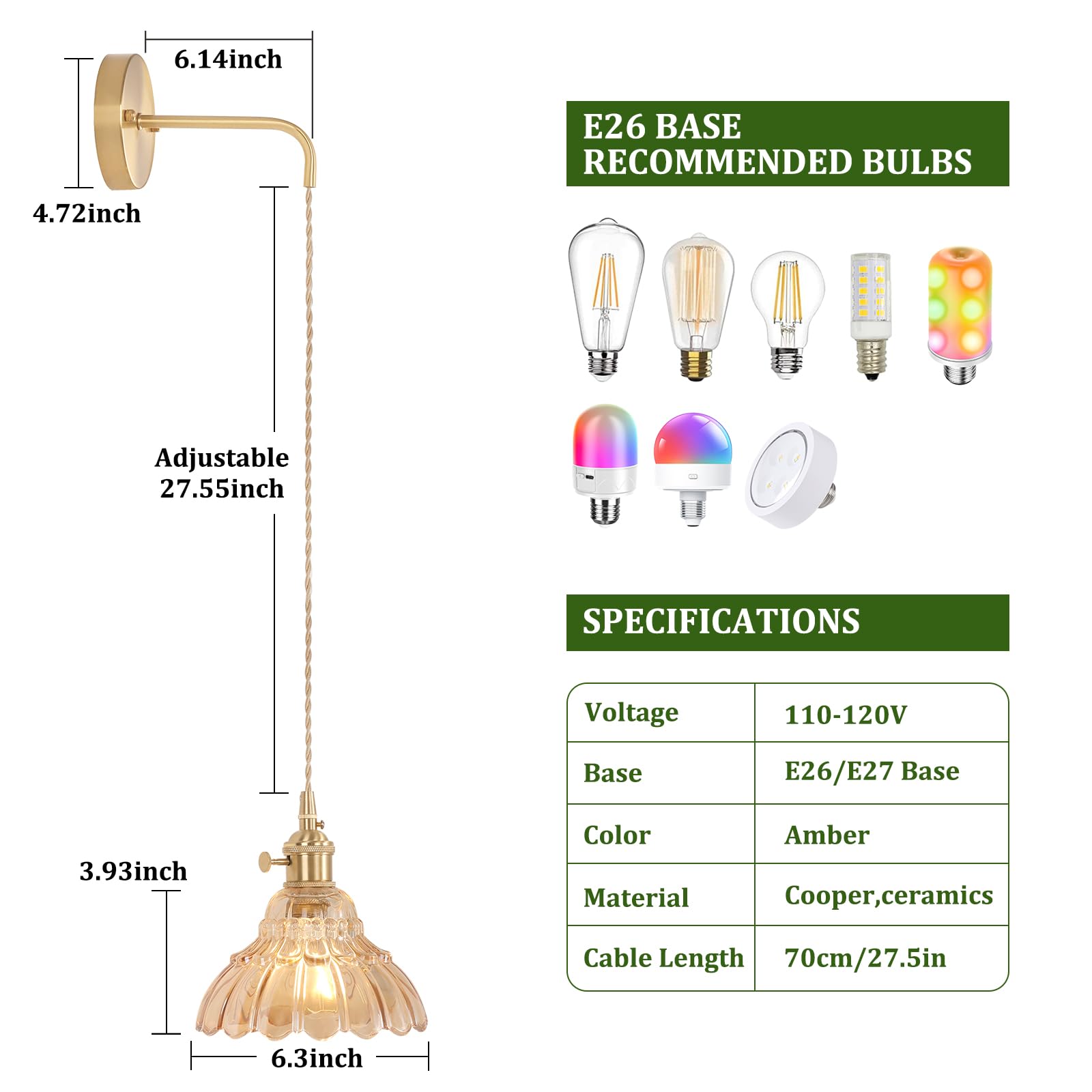 Shenmoyl Vintage Wall Sconce, Amber Lily of The Valley Glass Shade, Adjustable Chain, Hardwired, Gold, Model 1-9492