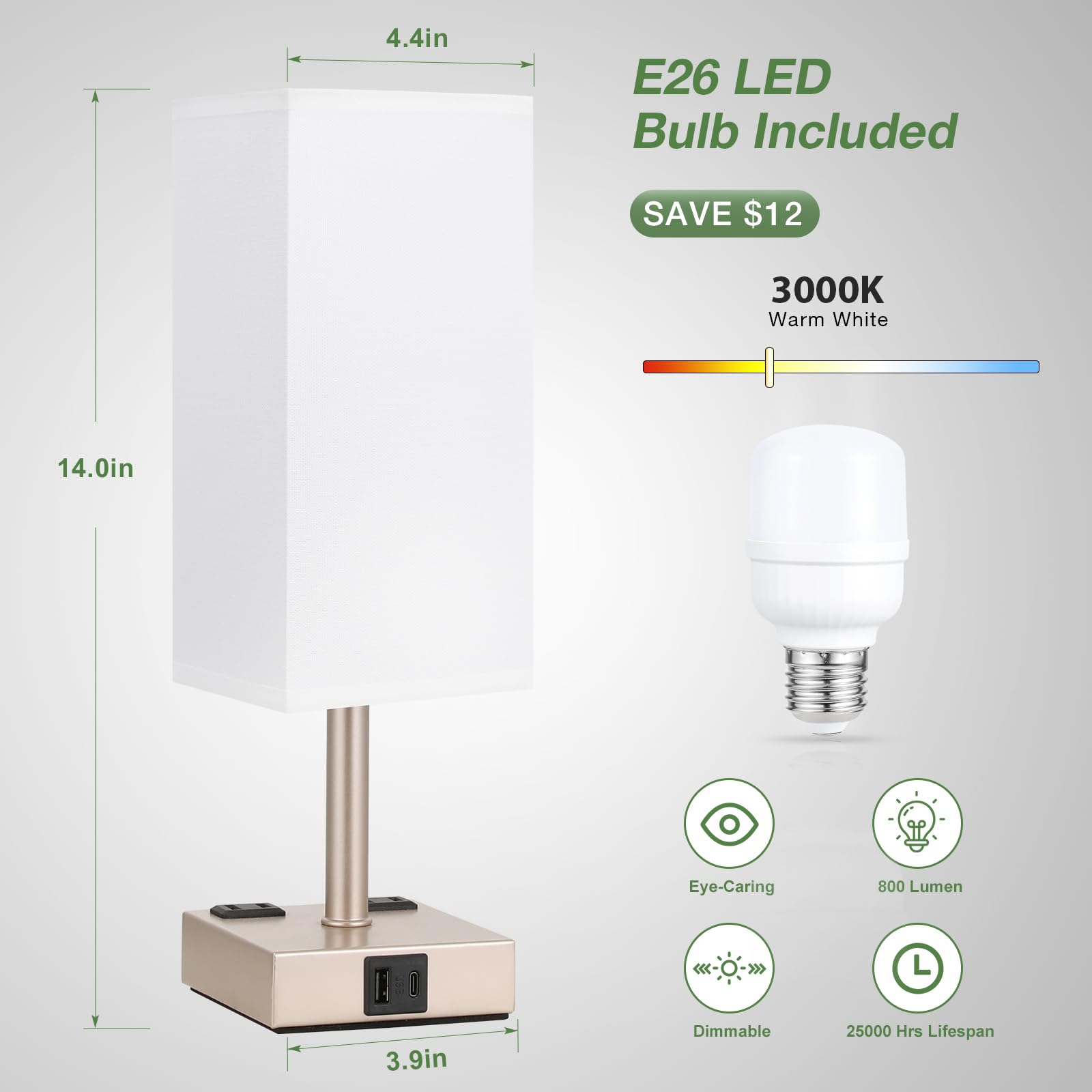 Aooshine Light Gold Touch Lamps Set Of 2 - Nightstand Lamp With Usb-C + A Charge Ports & Ac Outlets, 3-Way Dimmable Bedside Lamp