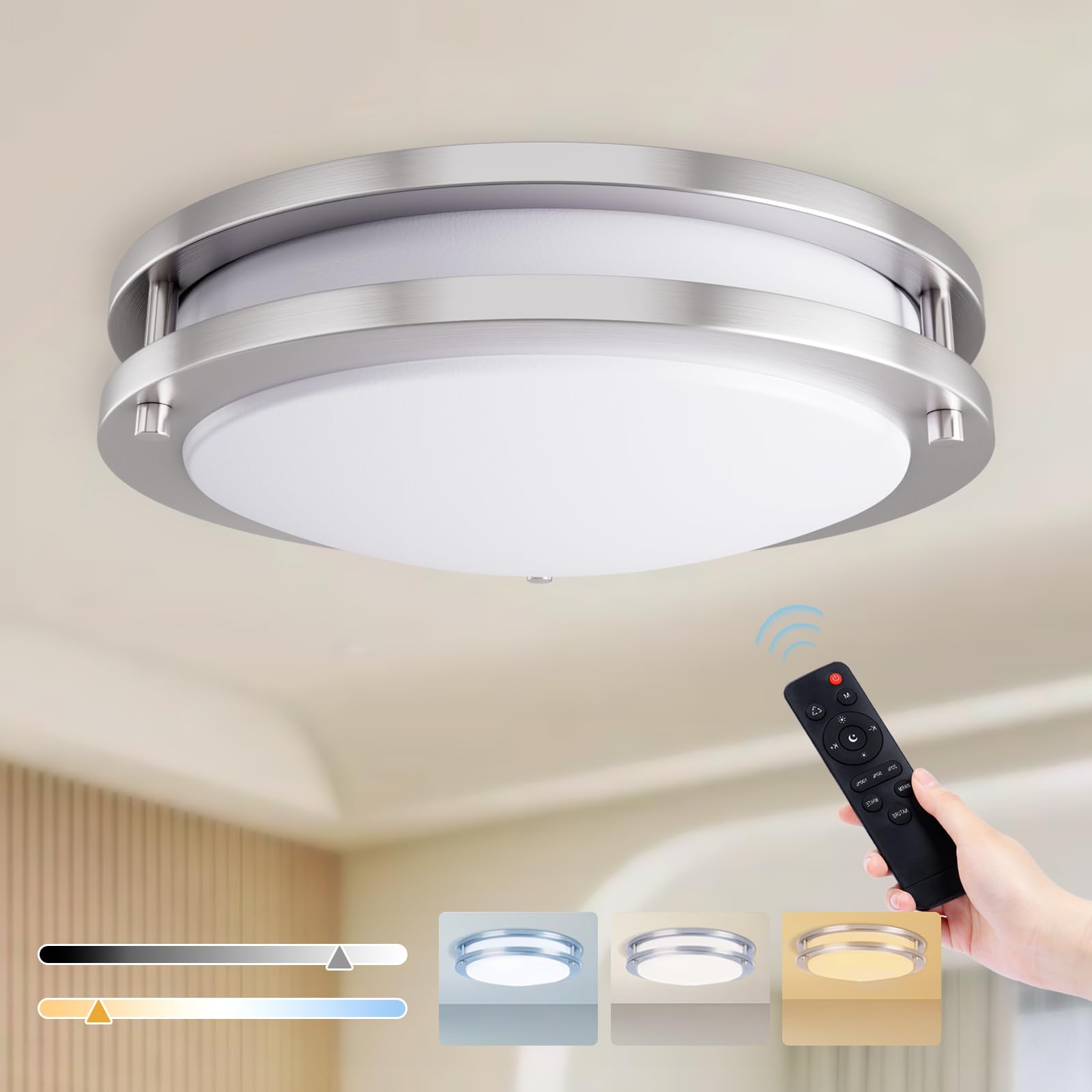 Kalium LED Ceiling Light with Remote 10 Inch Flush Mount Ceiling Light Fixture, 18W 3000K-6000K Adjustable Color Temperature, Di