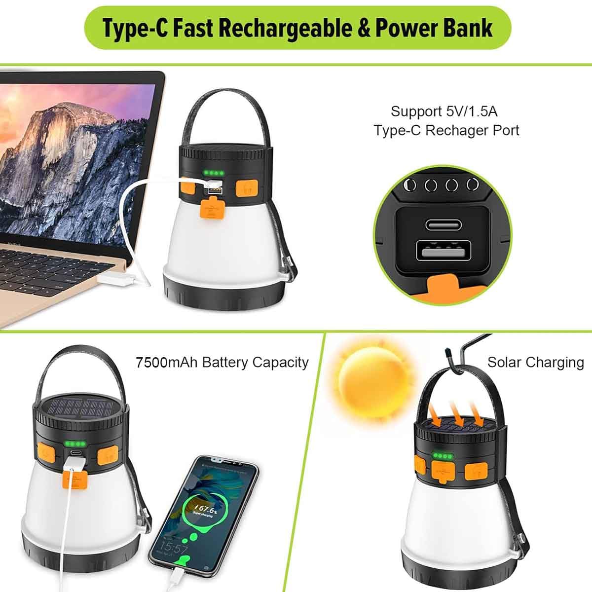iToncs LED Camping Lantern - 1500 Lumens, 7500mAh Power Bank, Waterproof, 8 Light Modes, Orange & Black