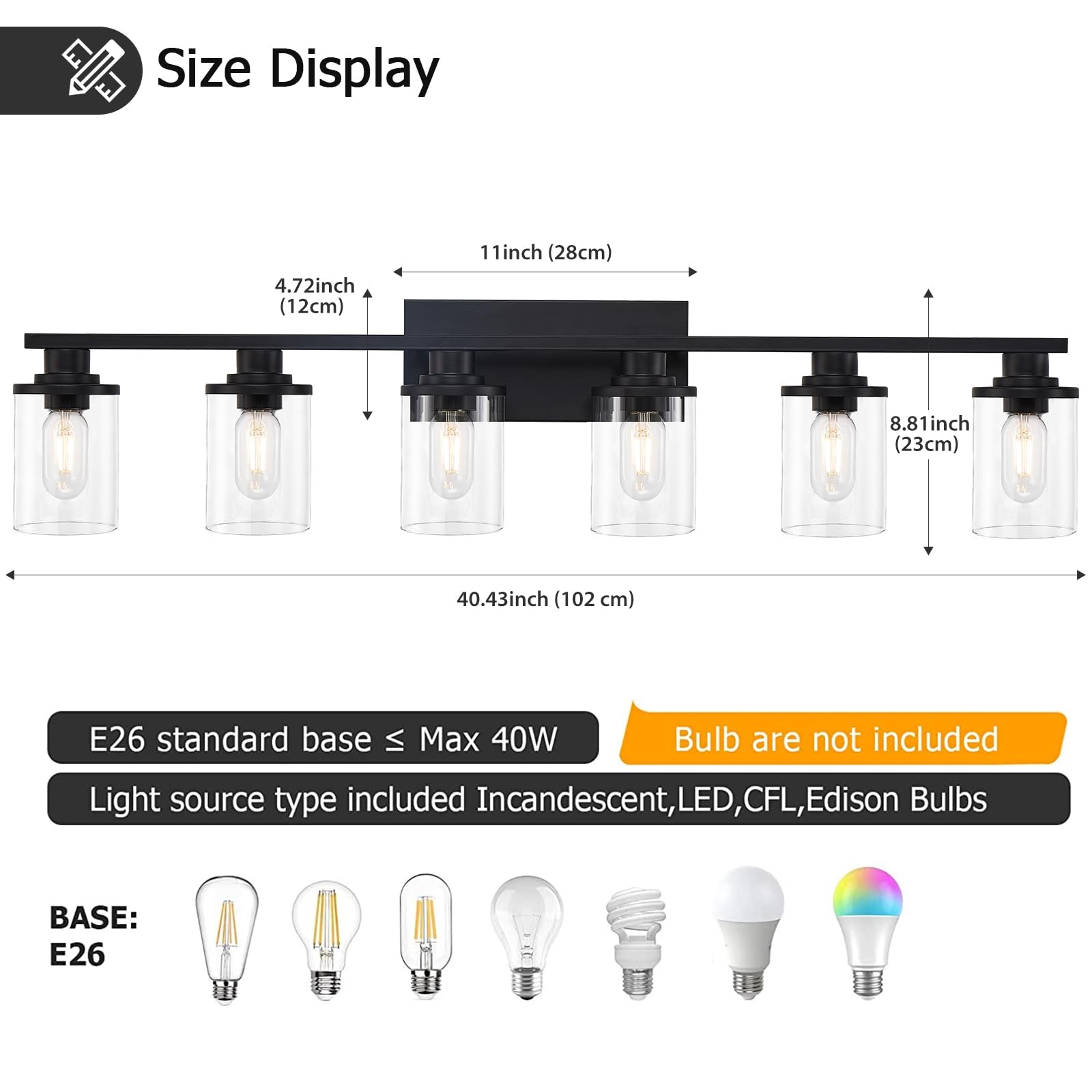 stambord Matte Black Bathroom Vanity Light, 6 Light Fixtures, Clear Glass & Metal Base, Model B70