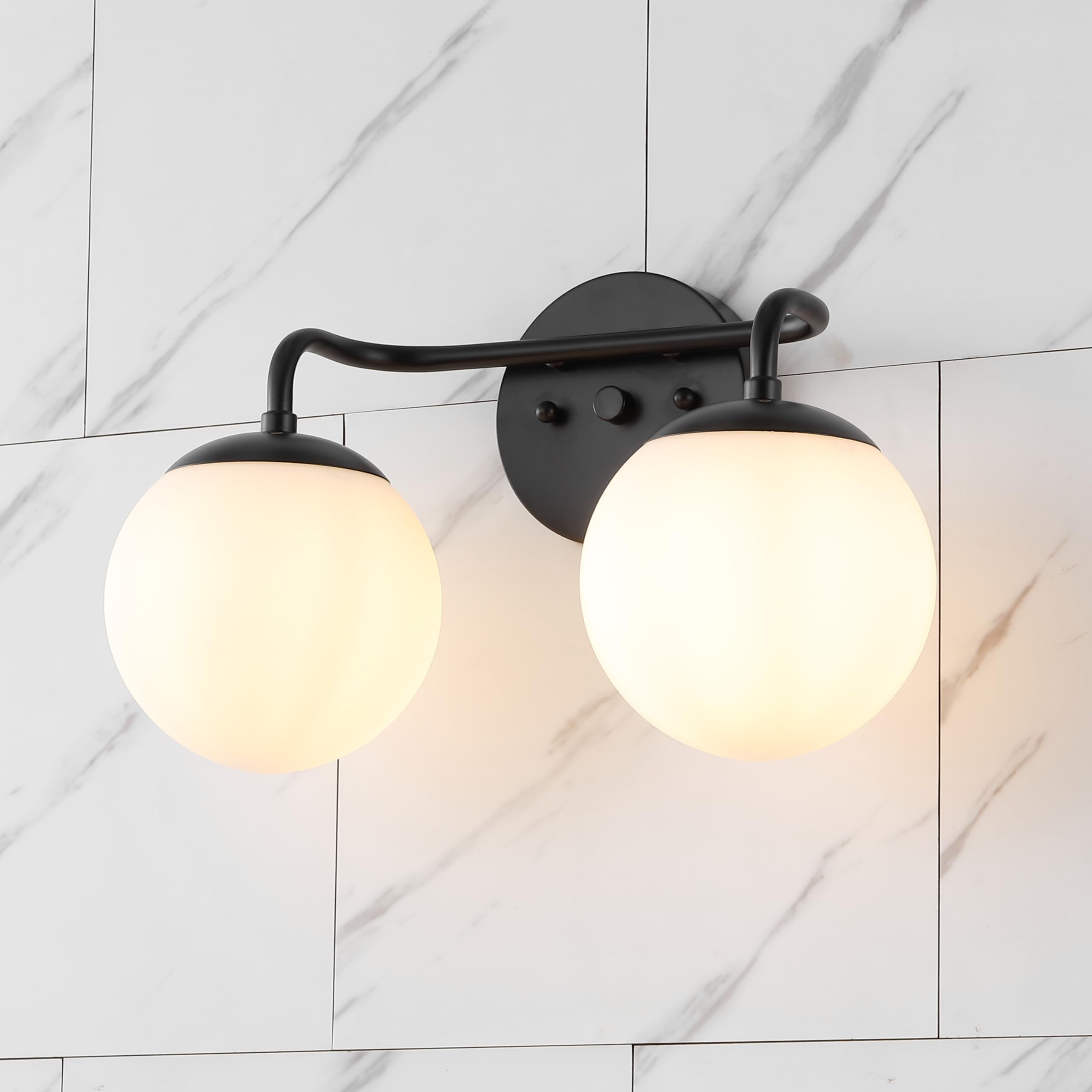 JONATHAN Y 2-Light Metal/Frosted Glass Vanity Light, Model JYL3535B, Black/White, Modern Contemporary Design for Office, Living Room, Bedroom
