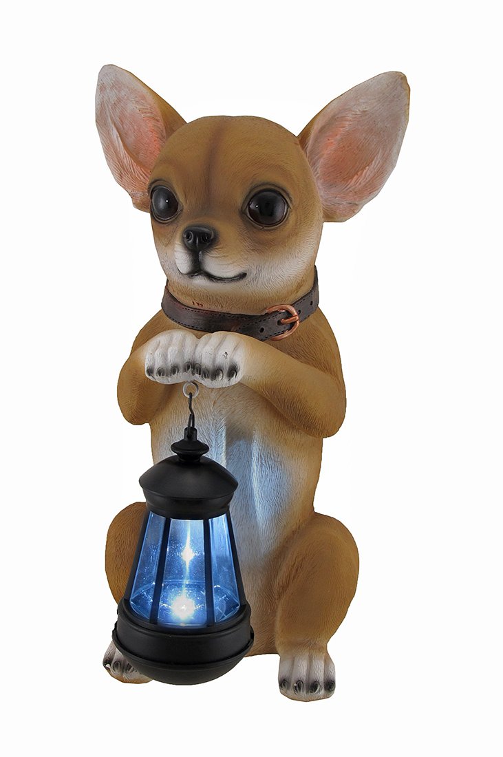 MAIKUNI Chihuahua Statue and Solar LED Lantern, Brown, Model HD41335, Polyresin
