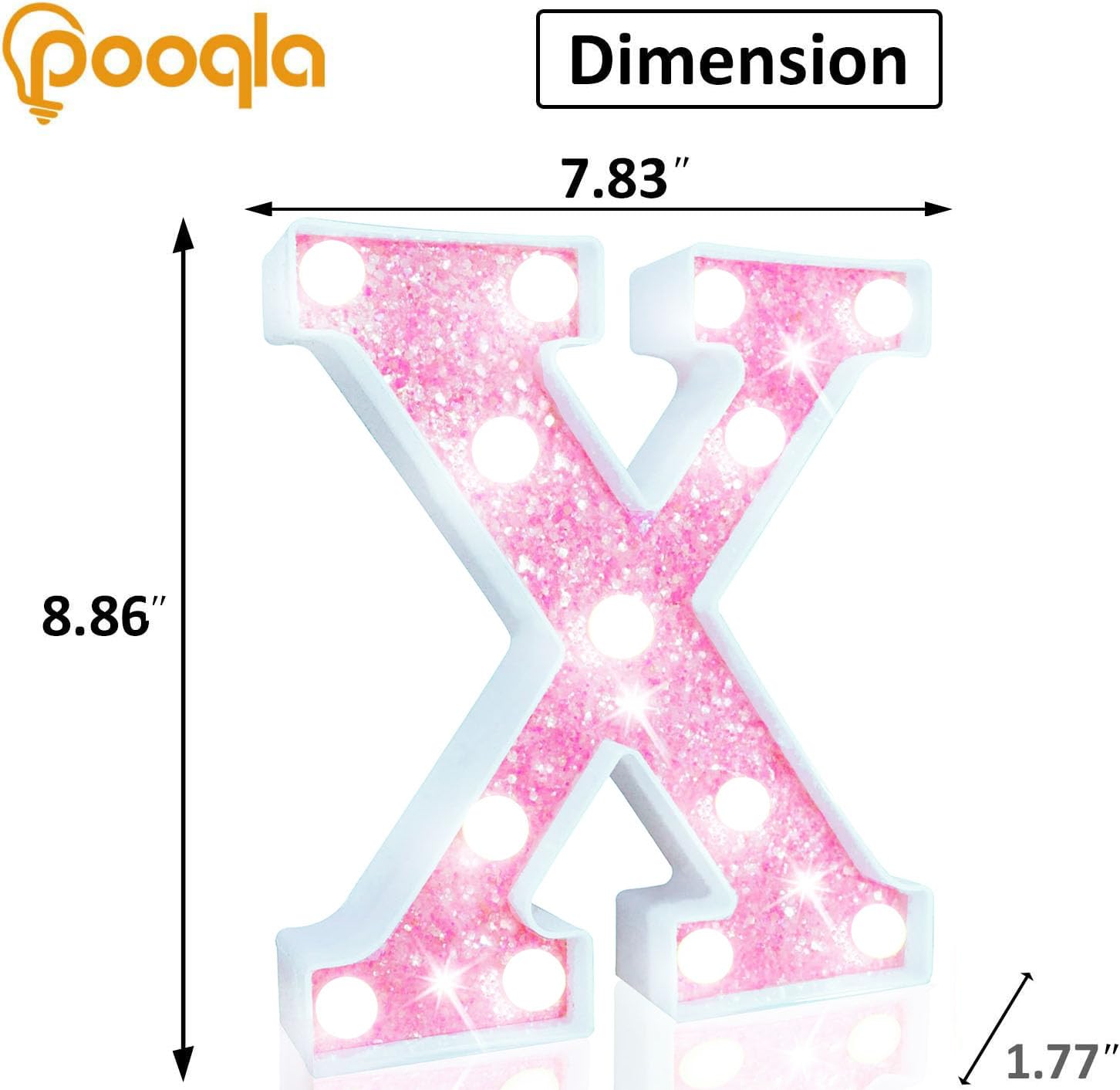 Pooqla Led Marquee Letter Lights  Light Up Letters Glitter Letter Sign Girls Gift  Battery Powered Night Light Pink Birthday Party Room Wedding Christmas Girls Bedroom Dorm Decoration  Cool White X