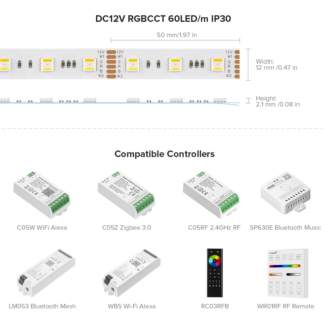 BTF-LIGHTING RGBCCT LED Tape Lights 16.4ft 300LEDs Dimmable 2700K-6500K RGBWW DC12V IP30