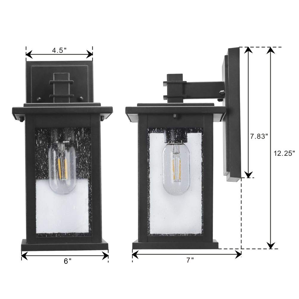 Emliviar 2 Pack Outdoor Wall Mount Lights, Black Lanterns With Clear Seeded Glass
