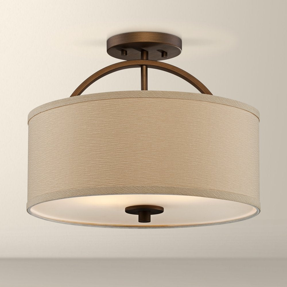 Possini Euro Design Halsted Mid Century Modern Ceiling Light Semi-Flush Mount Fixture Brushed Bronze 15'' Wide Oatmeal Linen Dru