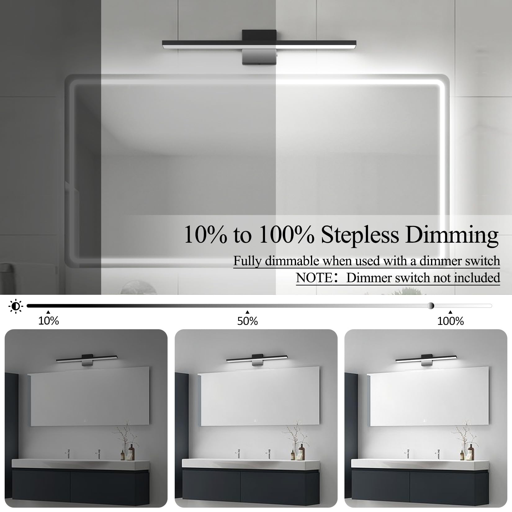 Ralbay LED Bathroom Vanity Light Bar 24 inch 16W Dimmable Matte Black Acrylic Wall Fixture Model 6102