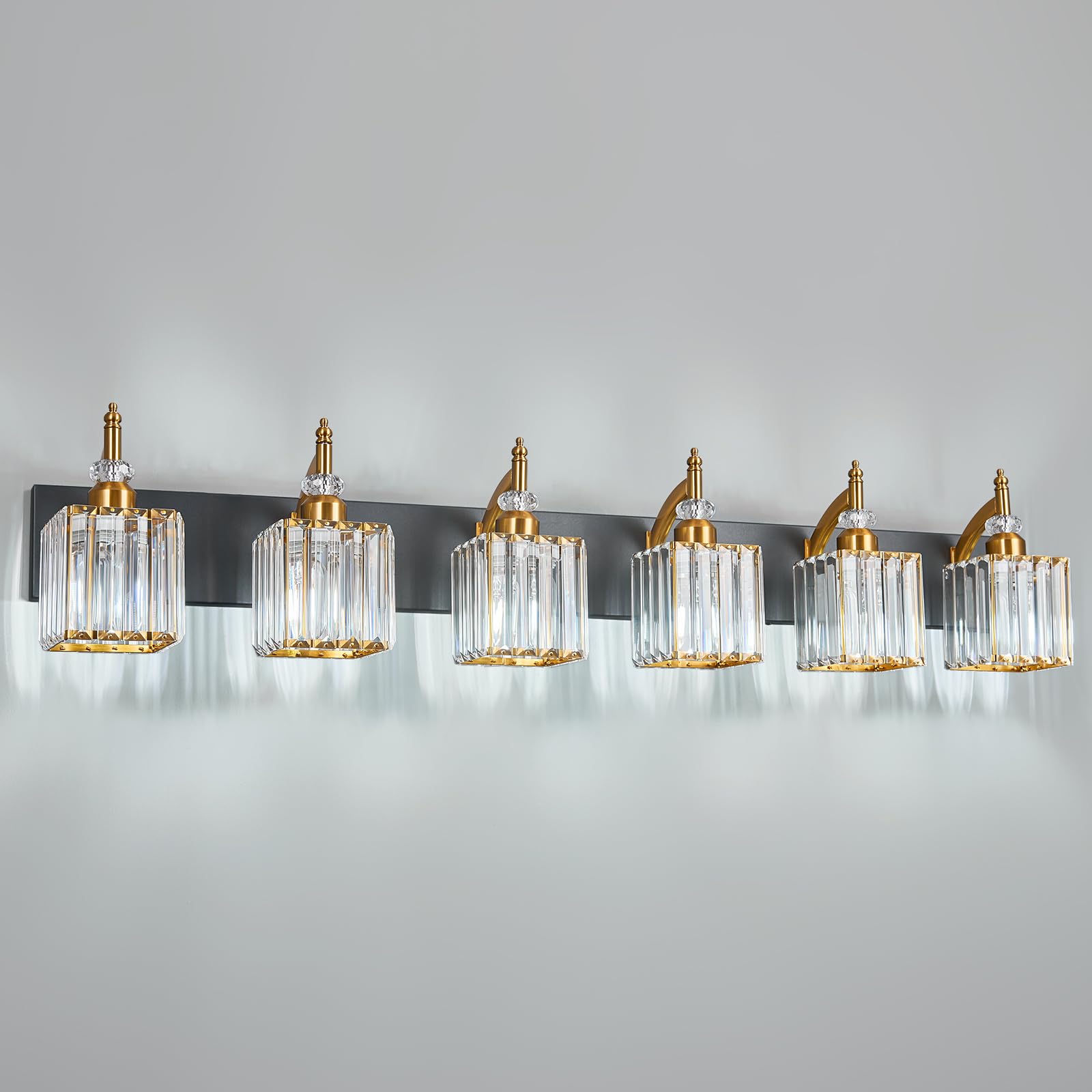 BBLLWJ 6-Light Bathroom Vanity Light Fixture, Modern Black Gold with Crystal Accents, Model 655