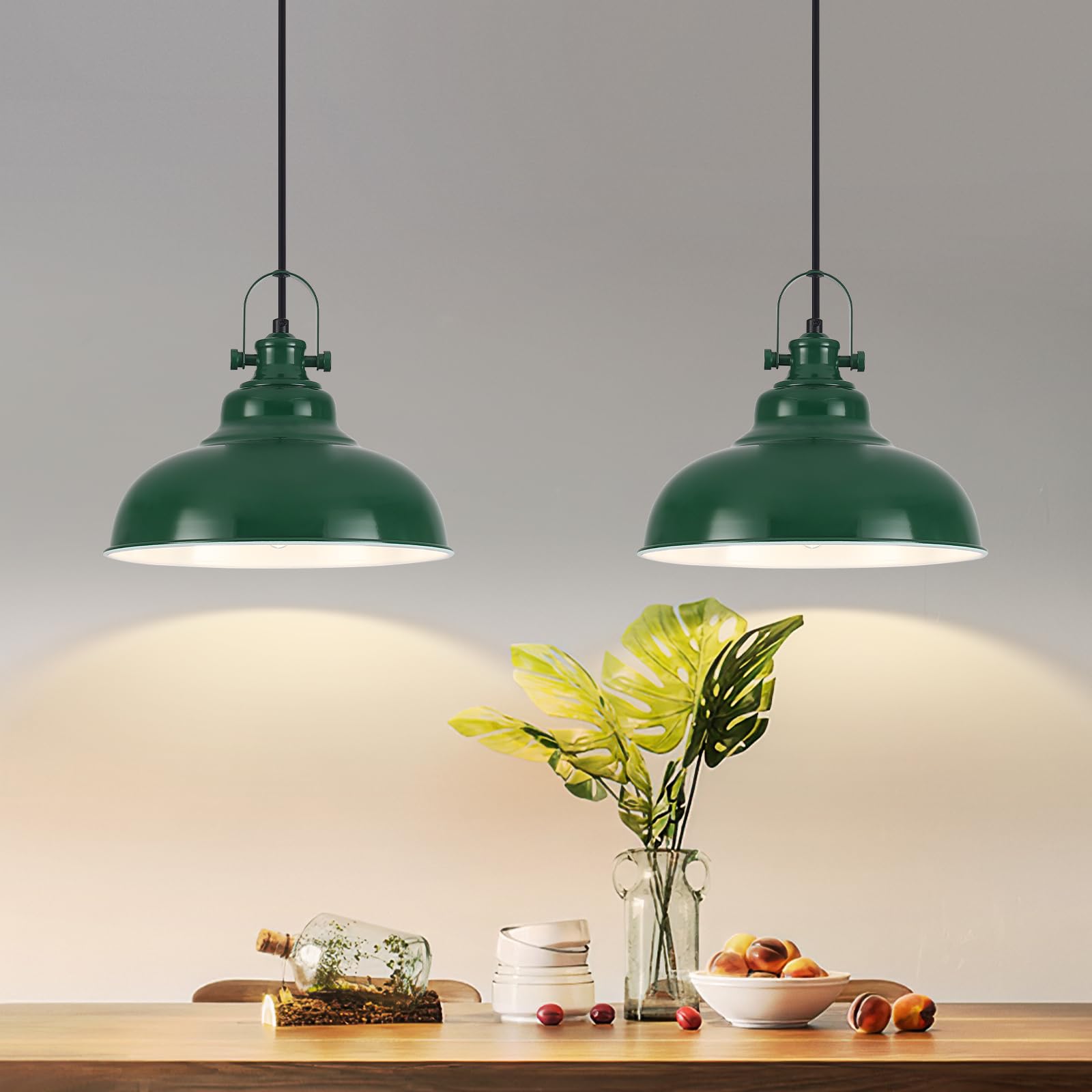 Guihualove Green Pendant Lights Kitchen Island 2 Pack, Dome Pendant Light, Farmhouse Pendant Light Fixtures (11.41'' W), Island