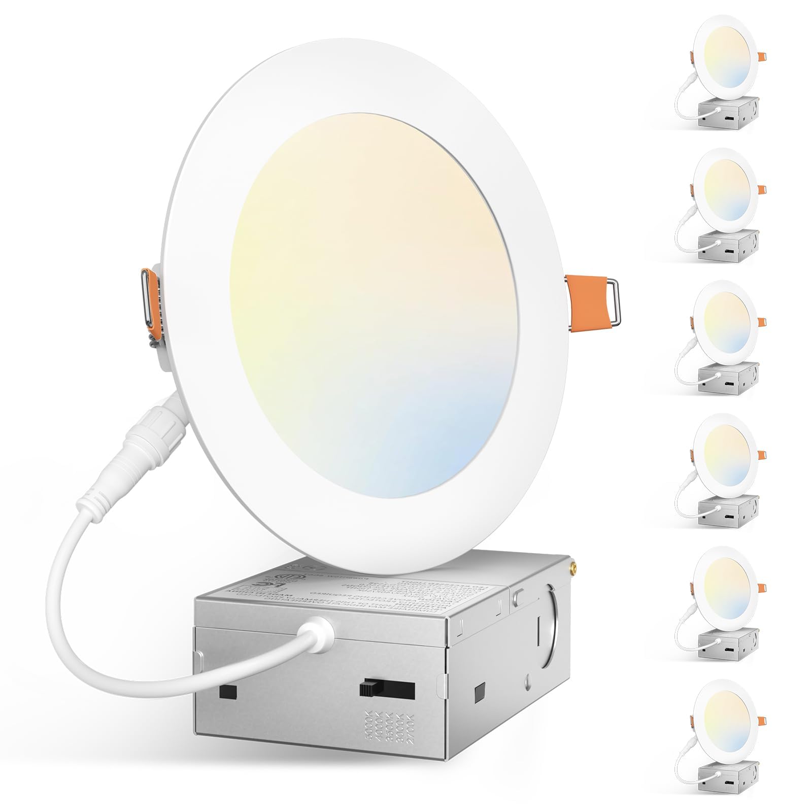 Amico 6 Pack 5 Inch 5CCT Ultra-Thin LED Canless Recessed Ceiling Light with Junction Box, 2700K/3000K/3500K/4000K/5000K Selectab
