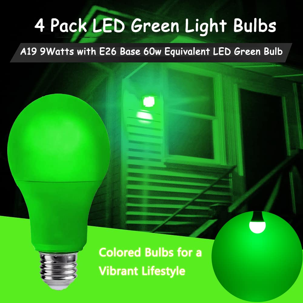 4 Pack Led Green Light Bulbs - A19 9Watts With E26 Base 60W Equivalent Led Green Bulb For Wedding Halloween Christmas Party Bar Decor, Porch, Home/Holiday Lighting, Decorative Illumination Green Bulb