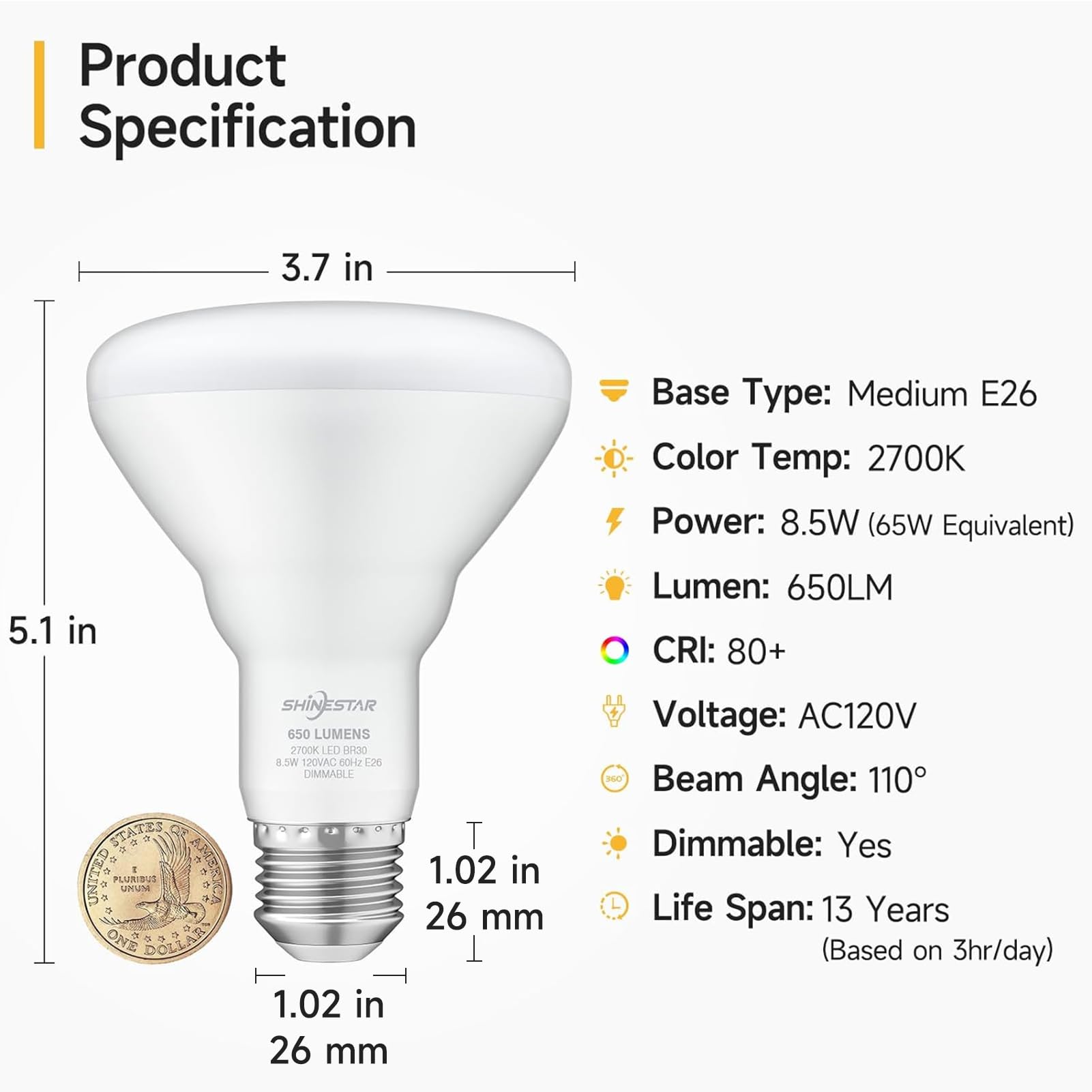 Shinestar 12-Pack Br30 Led Bulb 65W Equivalent, Recessed Light Bulbs, 2700K Warm White, Dimmable, 650Lm, E26 Base