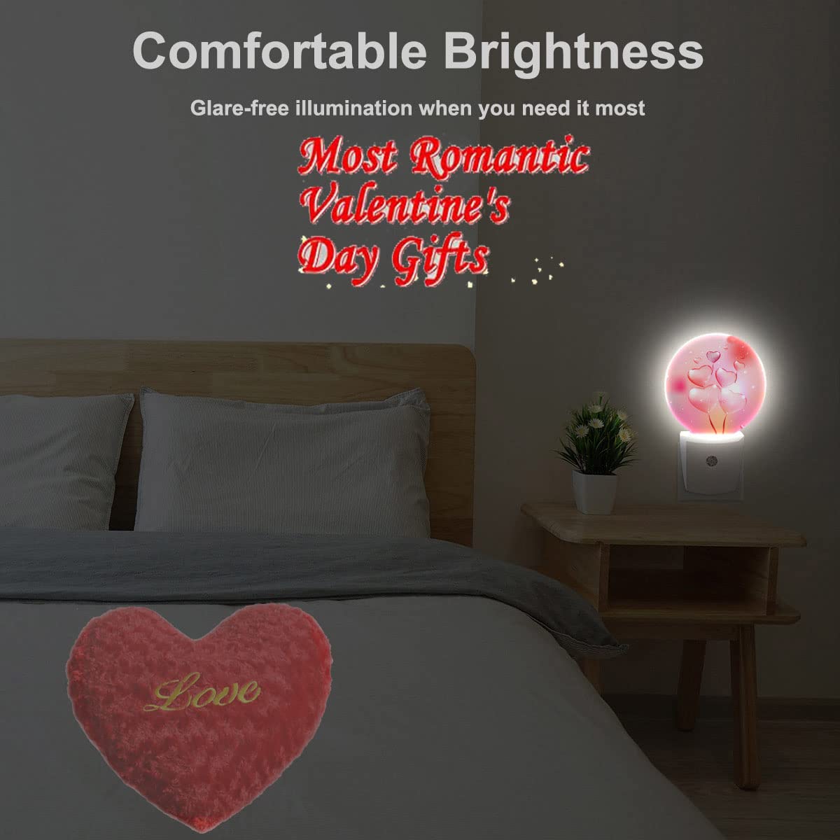 Ekobla Valentine Romantic Pink Night Light Love Heart Shape Balloons Night Lights Plug Into Wall Auto Sensor Led Night Lamp For