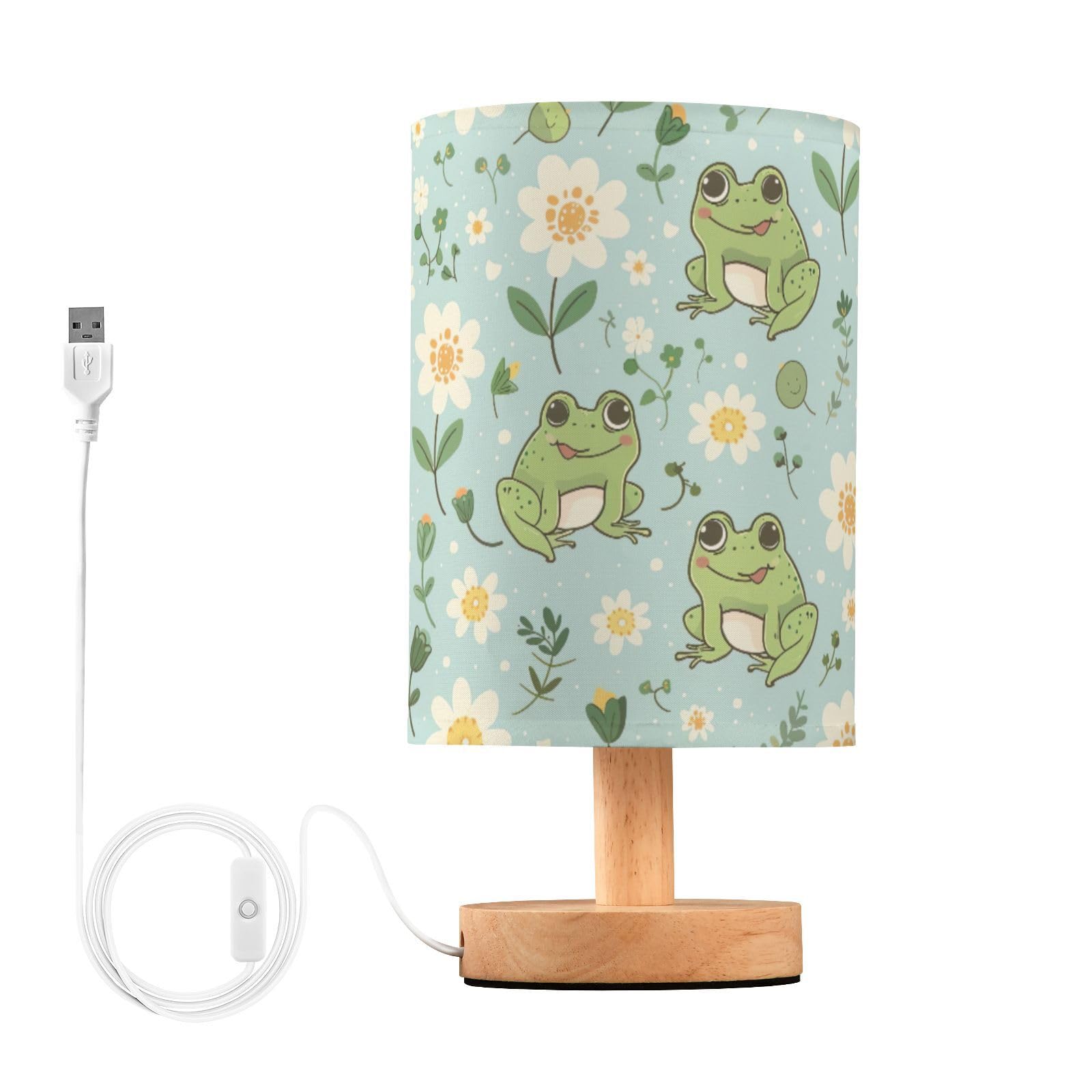 Goodold Cute Kawaii Frogs Led Table Lamp - Modern Minimalist Bedside Lamp With Round Flaxen Fabric Shade For Nightstand, Perfect