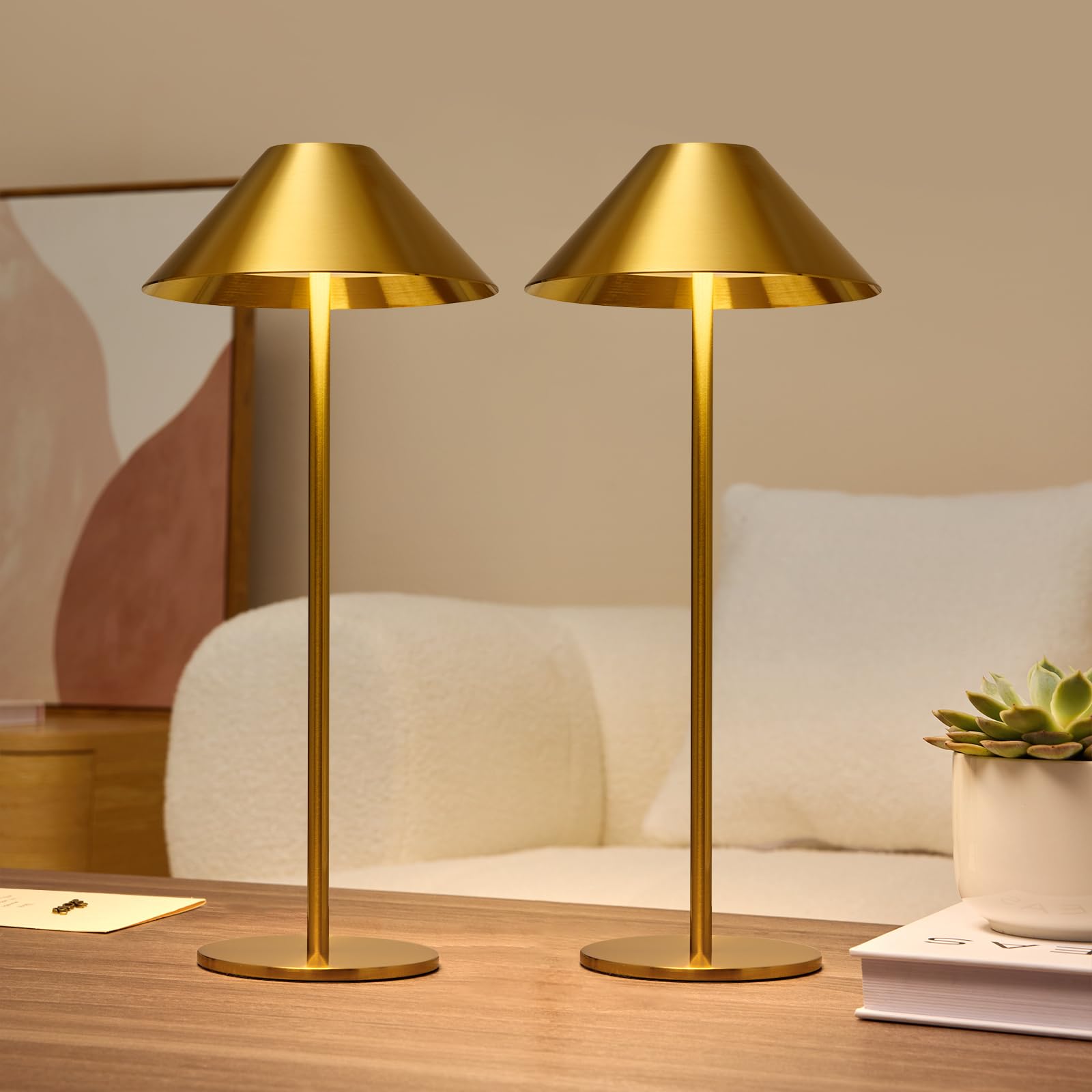 Lalavon Cordless Table Lamp Set of 2, Gold Touch Lamps with 3 Color Dimming, 4000mAh Battery Powered Lamp, Small Desk Lamp for L