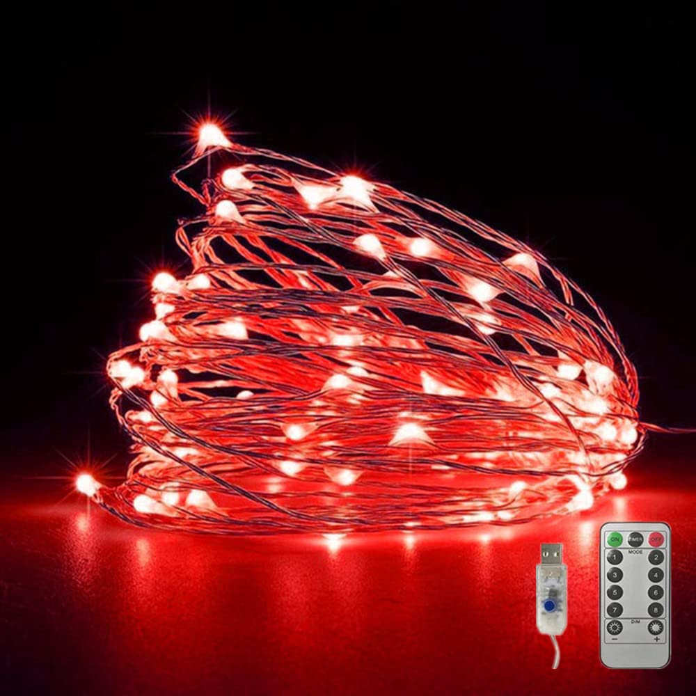 Fantasee Copper Wire String Lights USB Powered LED Fairy Lights 8 Modes with Timer Remote Control for Home Bedroom Birthday Party Wedding Christmas Festival Decor (32.8ft 100leds  Red)