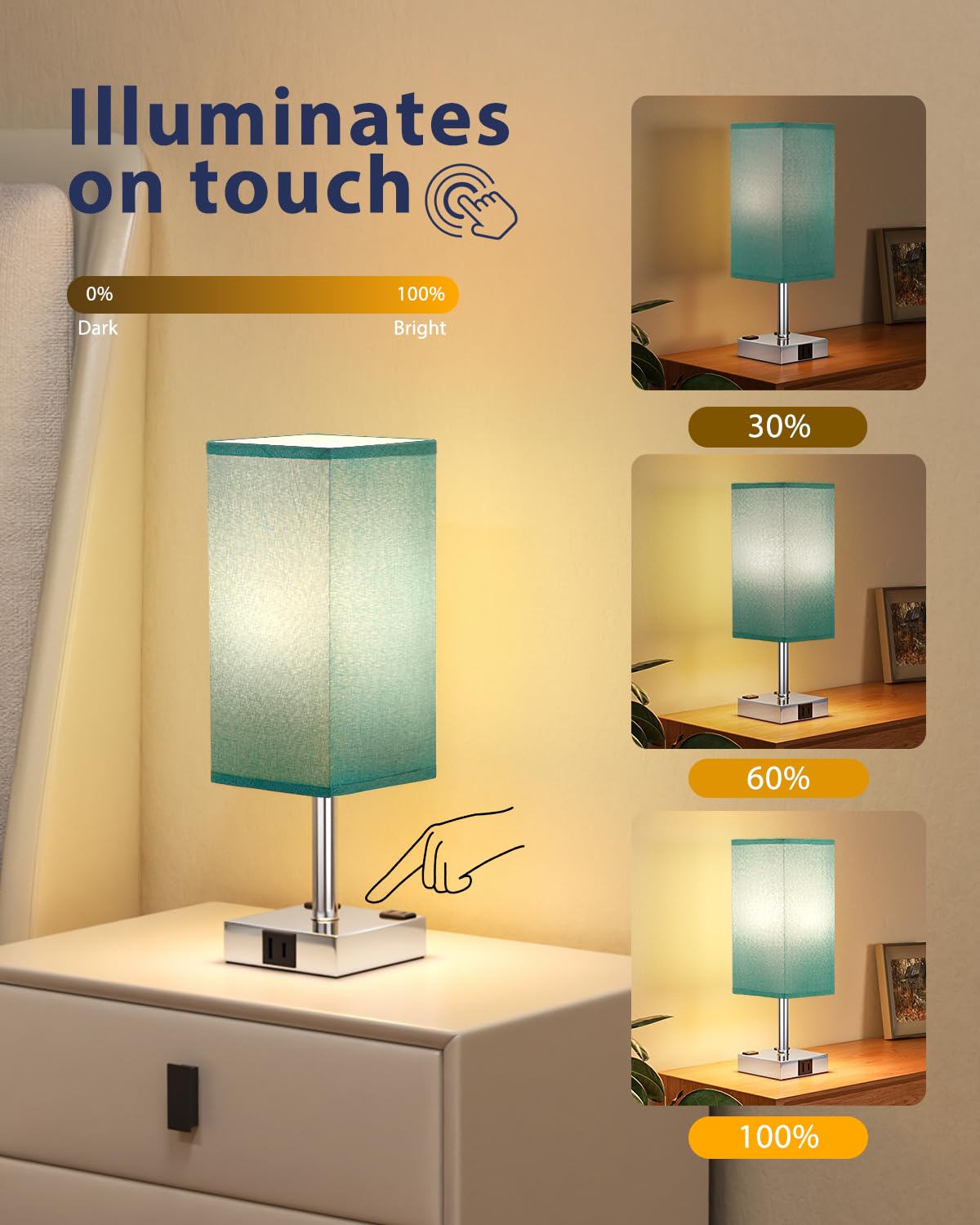 aooshine Touch Bedside Table Lamp - 3-Way Dimmable, USB A & Type C Ports, 14in, Turquoise & Silver, E26 Bulb, Model 3