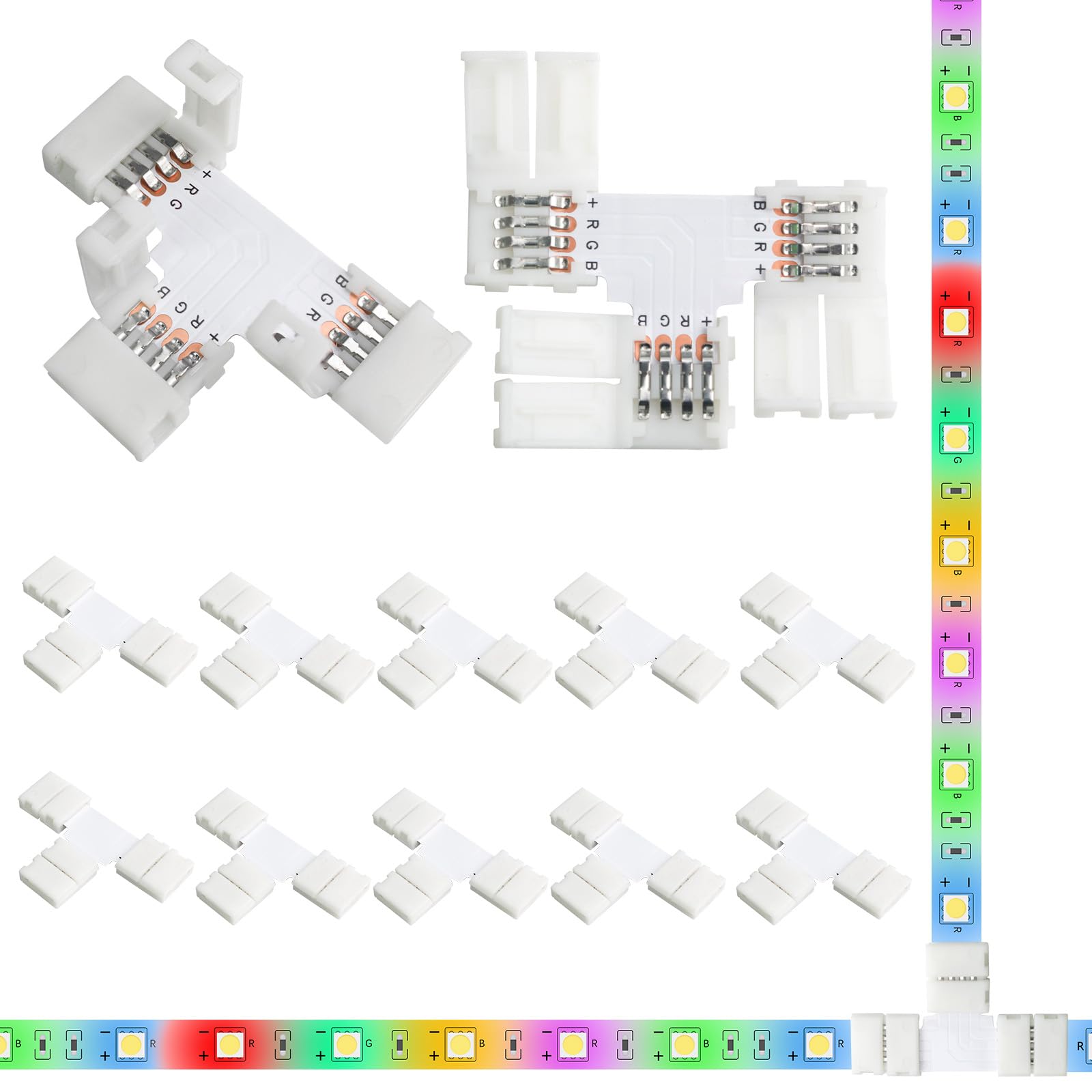 10Pack T-Shaped 4-Pin 10Mm Led Strip Lights Connectors - Solderless, Extendable Terminal Adapters For Smd 5050 & 3528 Rgb Led St