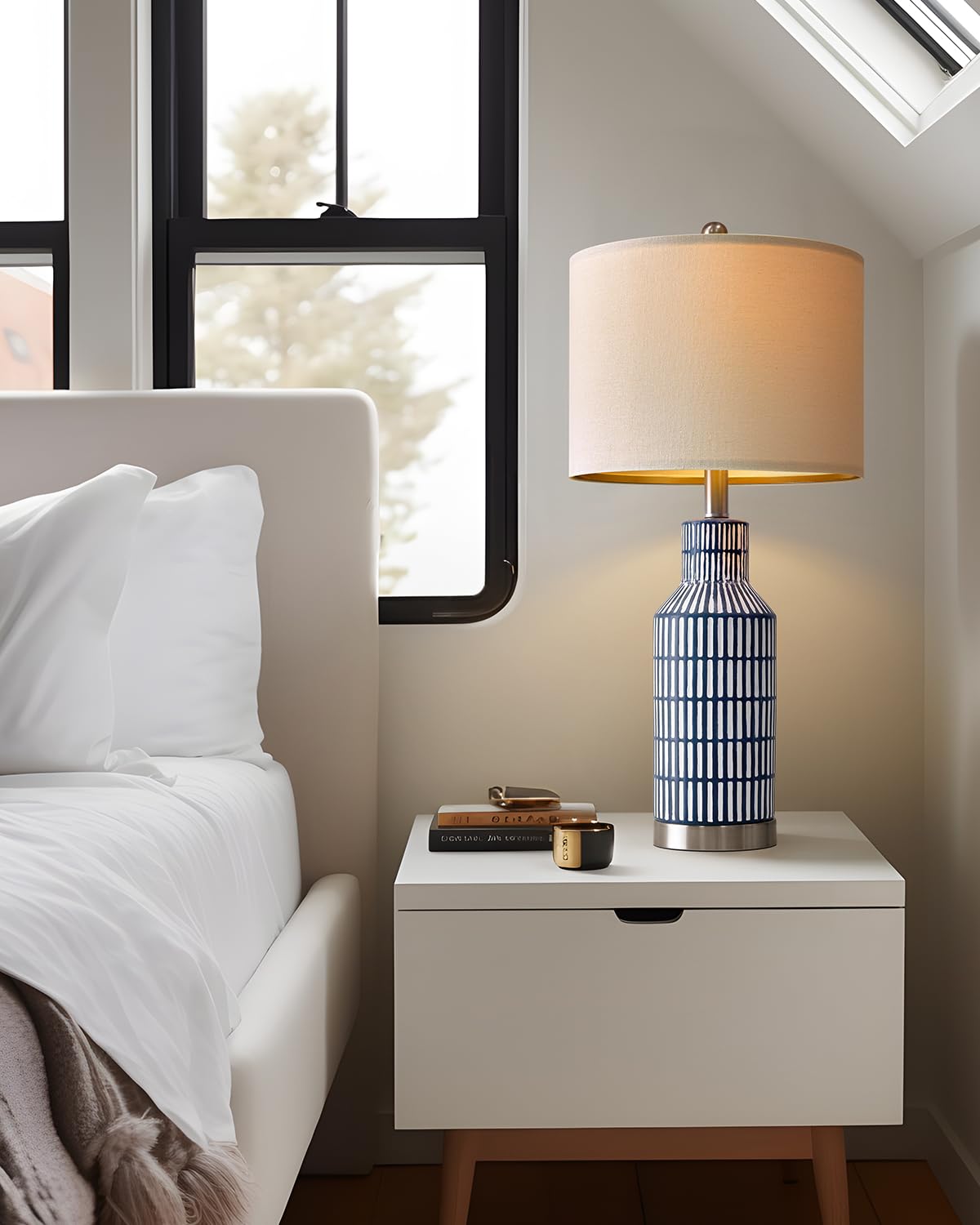 USumkky 25" Modern Ceramic Table Lamp - Blue, Farmhouse Style for Living Room & Bedroom, Model AMZ-T1114BL