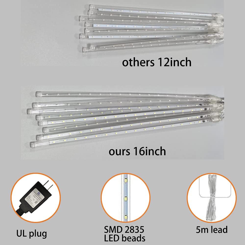 Christmas Lights Outdoor, Meteor Shower Lights Falling Star Lights 16 Inch 8 Tubes 256 Led Icicle Snow Falling Lights Raindrop L