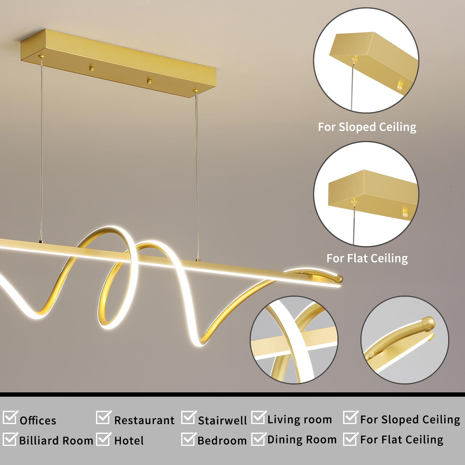 Modern Led Gold Pendant Light, 39In Ceiling Chandelier Fixtures Dimmable With Remote Control 3000K-6500K Adjustable Color Temperature,Aluminum Island Lighting Lamp For Dining Room, Living Room