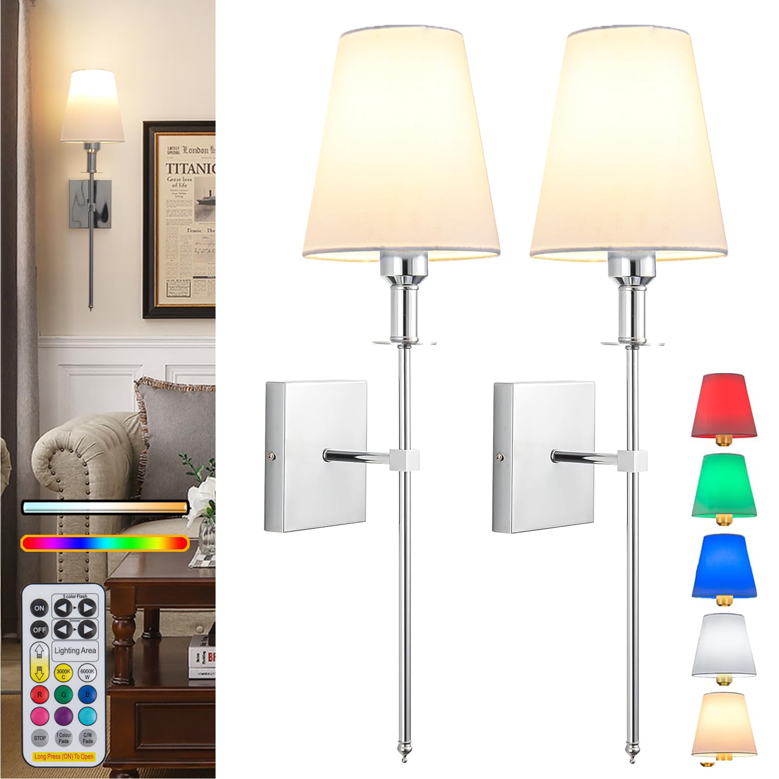 Wall Lights Battery Operated Wall Sconces Set Of 2,Indoor Not Hardwired Fabric Shade Fixtures,Rechargeable Wireless Wall Sconces