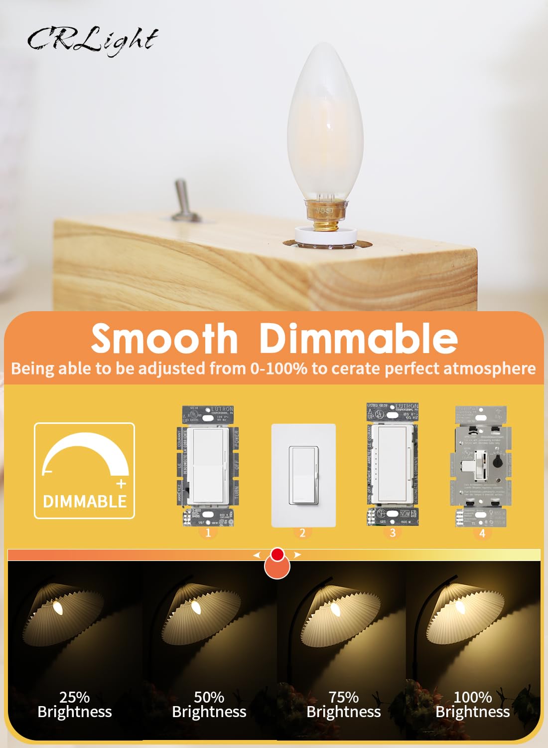 CRLight 6W Dimmable LED Candelabra Bulb, E12 Base, 600LM, Frosted Glass, 3200K Soft White, Pack of 8