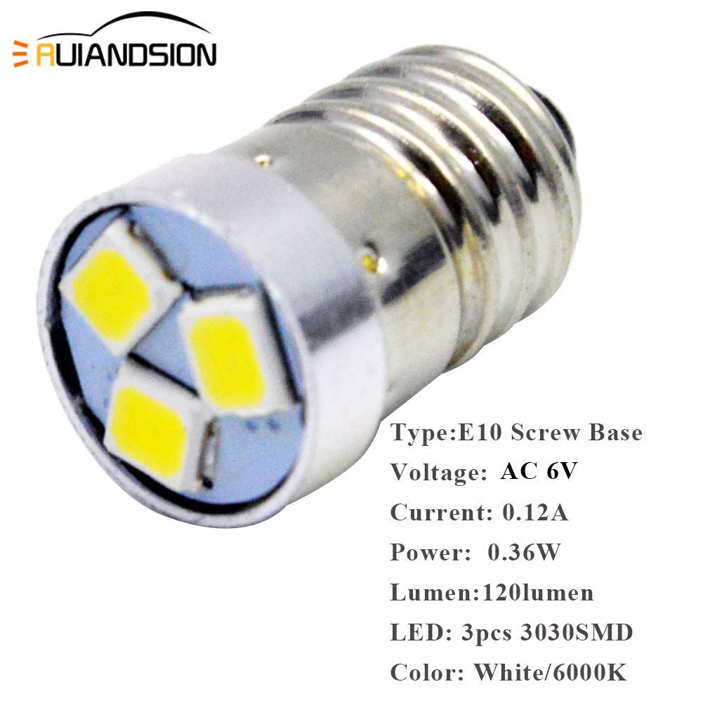 Ruiandsion 4Pcs 3V 6V 12V E10 Led Bulb 3030 3Smd White Led Replacement Bulb Upgrade For Flashlights Torch Light,Negative Earth (