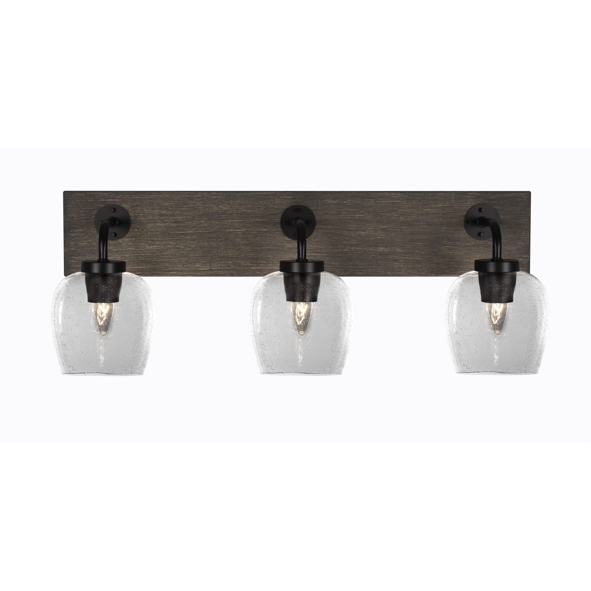 Oxbridge 3 Light Bath Bar In Matte Black & Painted Distressed Wood-Look Metal Finish With 6" Clear Bubble Glass