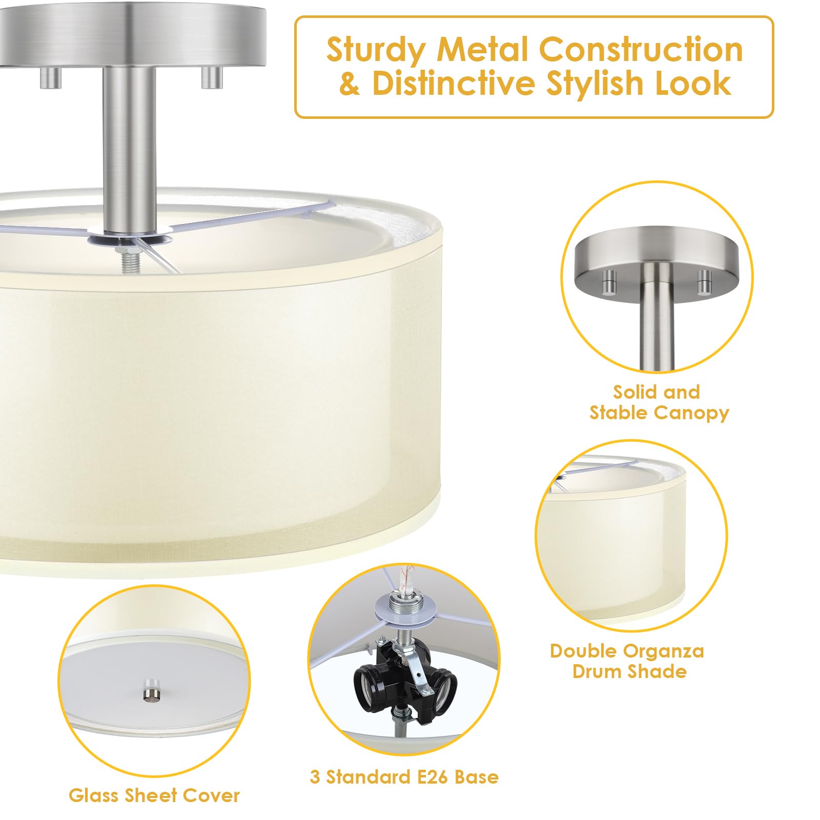 Folksmate Semi Flush Mount Ceiling Light Fixture, Gold 3-Light Drum Light With Double Fabric Shade, Modern Close To Ceiling Lamp