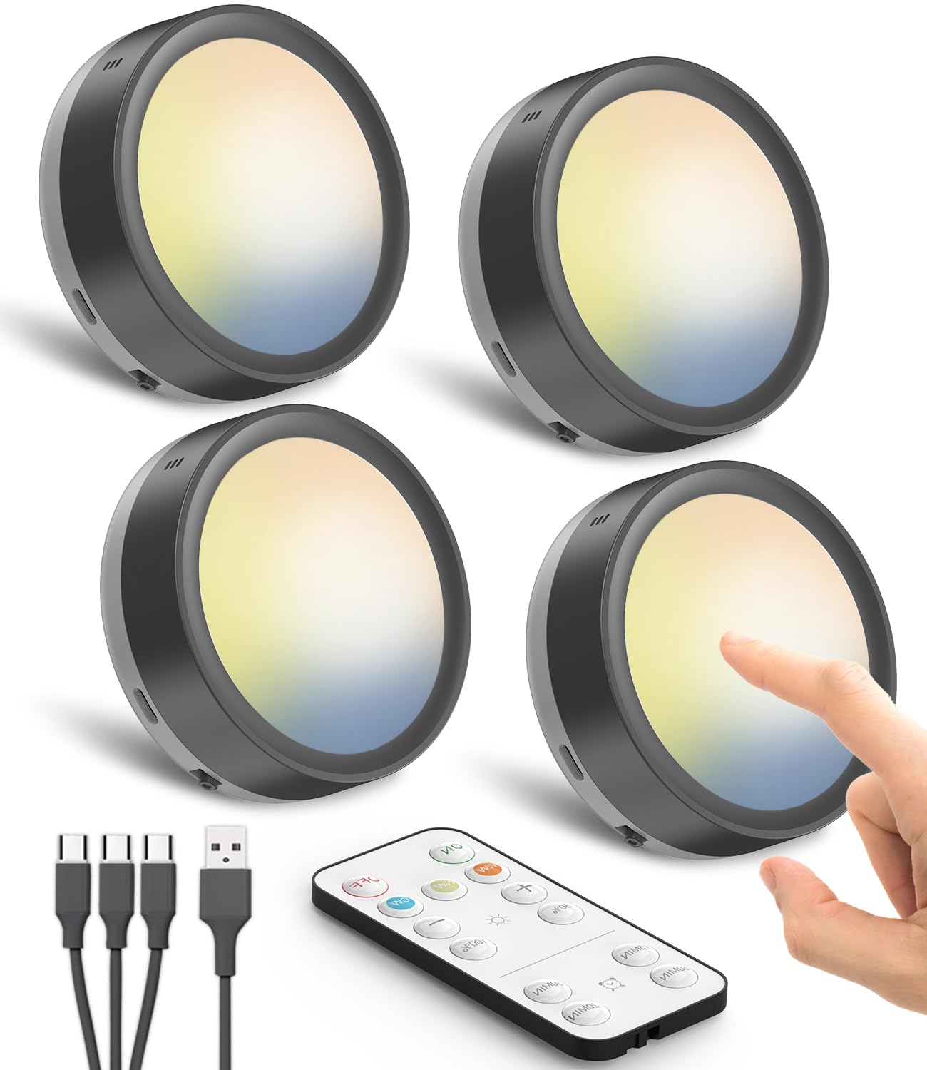 Usb Rechargeable Puck Lights With Remote, 1600Mah Battery Powered Push Lights Stick On Magnetic Tap Light For Closet Wireless Led Kitchen Under Cabinet Light Shelf Press Button Light Wall Touch Light