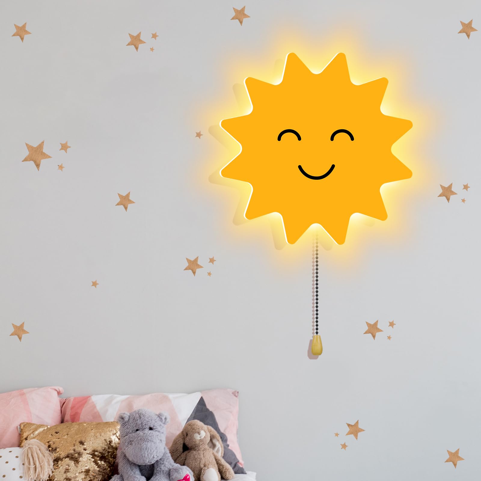 Aurelema Sun Night Light Wall Lamp Sleeping Nursery Lighting Cute Floating Battery Operated Hanging Lamp for Baby Boys Girls Bed