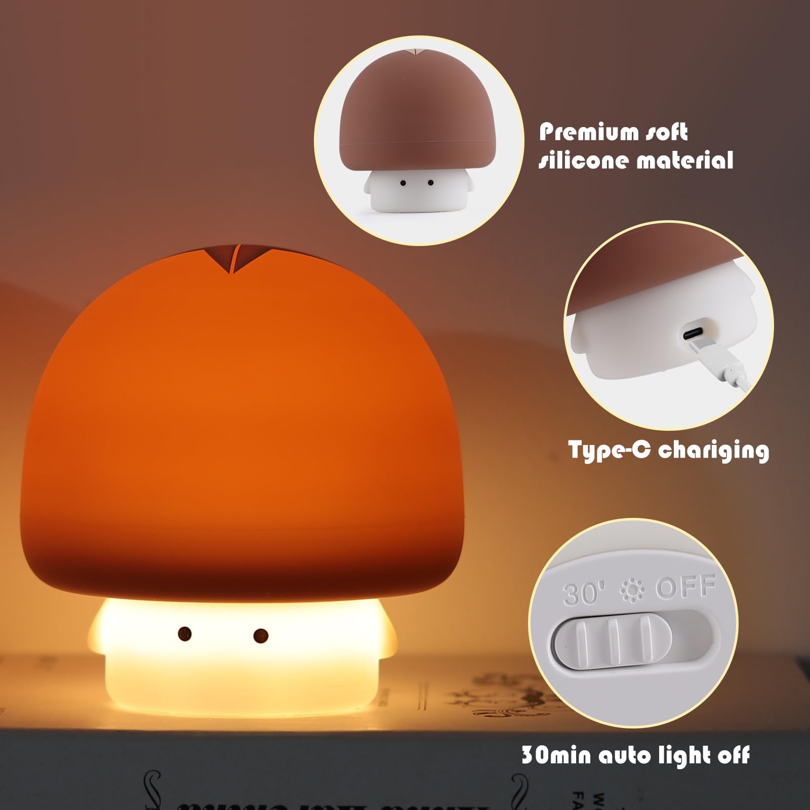 YISUN Mushroom Night Light, Rechargeable LED Lamp, 3 Level Dimmable, Cute Silicone, Brown, Model A021