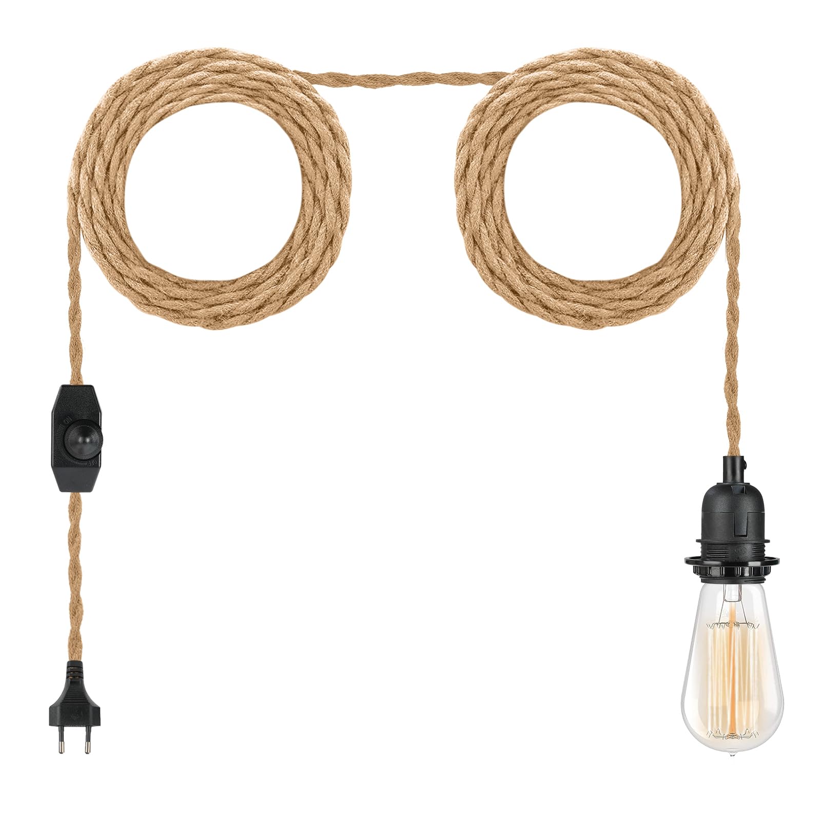 Plug In Hanging Diy Light Fixture,14.8Ft Pendant Lamp Lights Rope Cord E26 Bulbs Socket (Natural Brown+Hemp Rope+Dimmable Switch