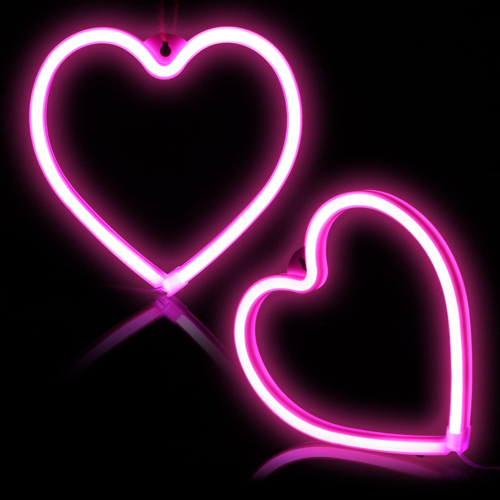 Tarpop LED Neon Heart Lights - 2 Pcs Pink Heart Decor, Battery Operated/USB Powered, Acrylic, Valentines Day Decoration