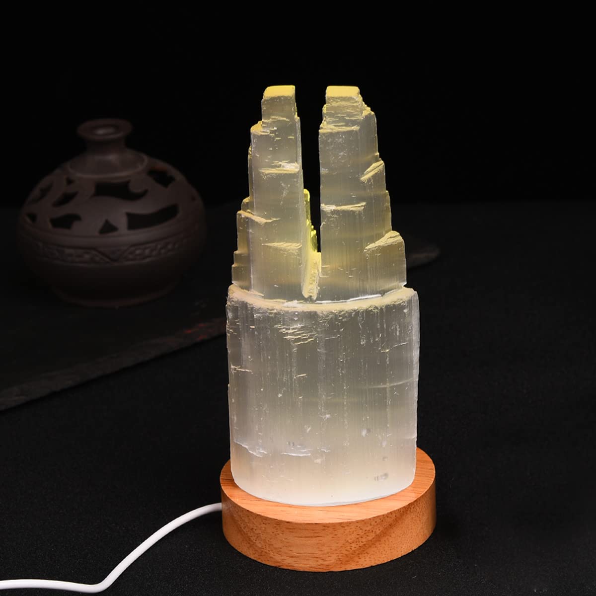 JIC Gem USB Selenite Skyscraper Healing Crystal Lamp 6 Inch with Wooden LED Light Stand Base