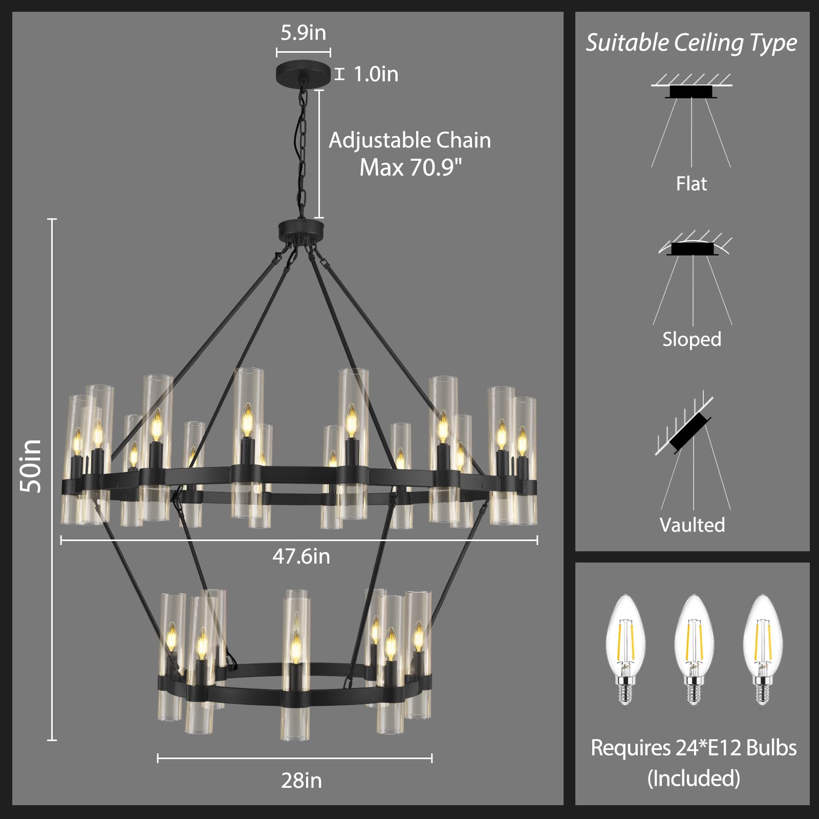Black Wagon Wheel Chandelier 2 Tier, 48 Inch Chandeliers With Glass Shade, 24-Light Large Chandelier For High Ceiling, Modern Bl