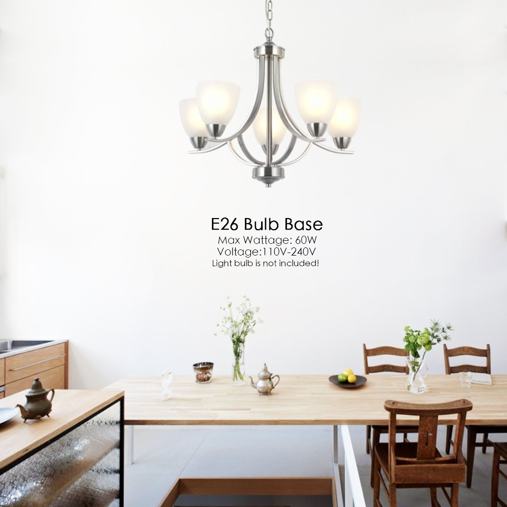 VINLUZ 5-Light Brushed Nickel Chandeliers, Modern Industrial Pendant Lighting for Foyer, Bedroom, Dining Room, Model 355-5-13