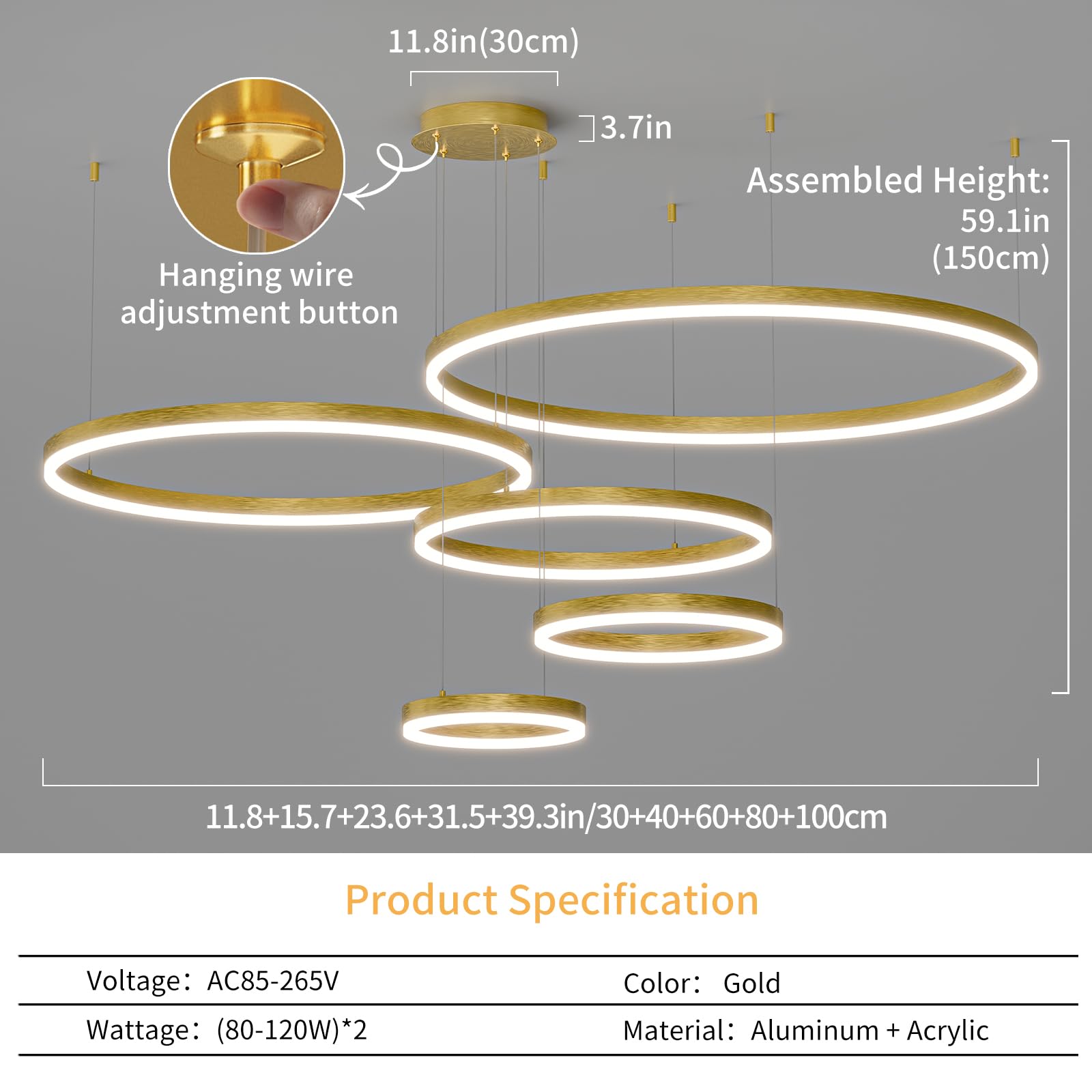Mikeru LED Chandelier Light, 5 Rings, Remote Control, Adjustable 3000K-6500K, Aluminum, B-Black, Model DK-JS-346810, Sizes
