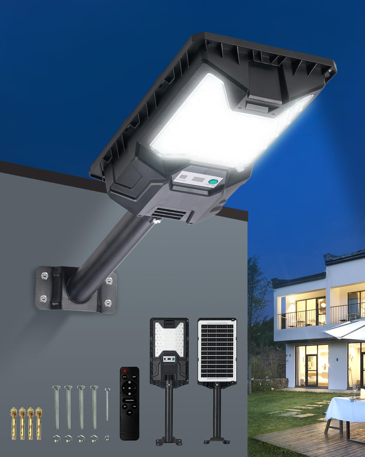 QMXINEYU Solar Street Light Outdoor, 20000LM 6500K Waterproof Motion Sensor LED Solar Powered Flood Light with Remote Control,Du